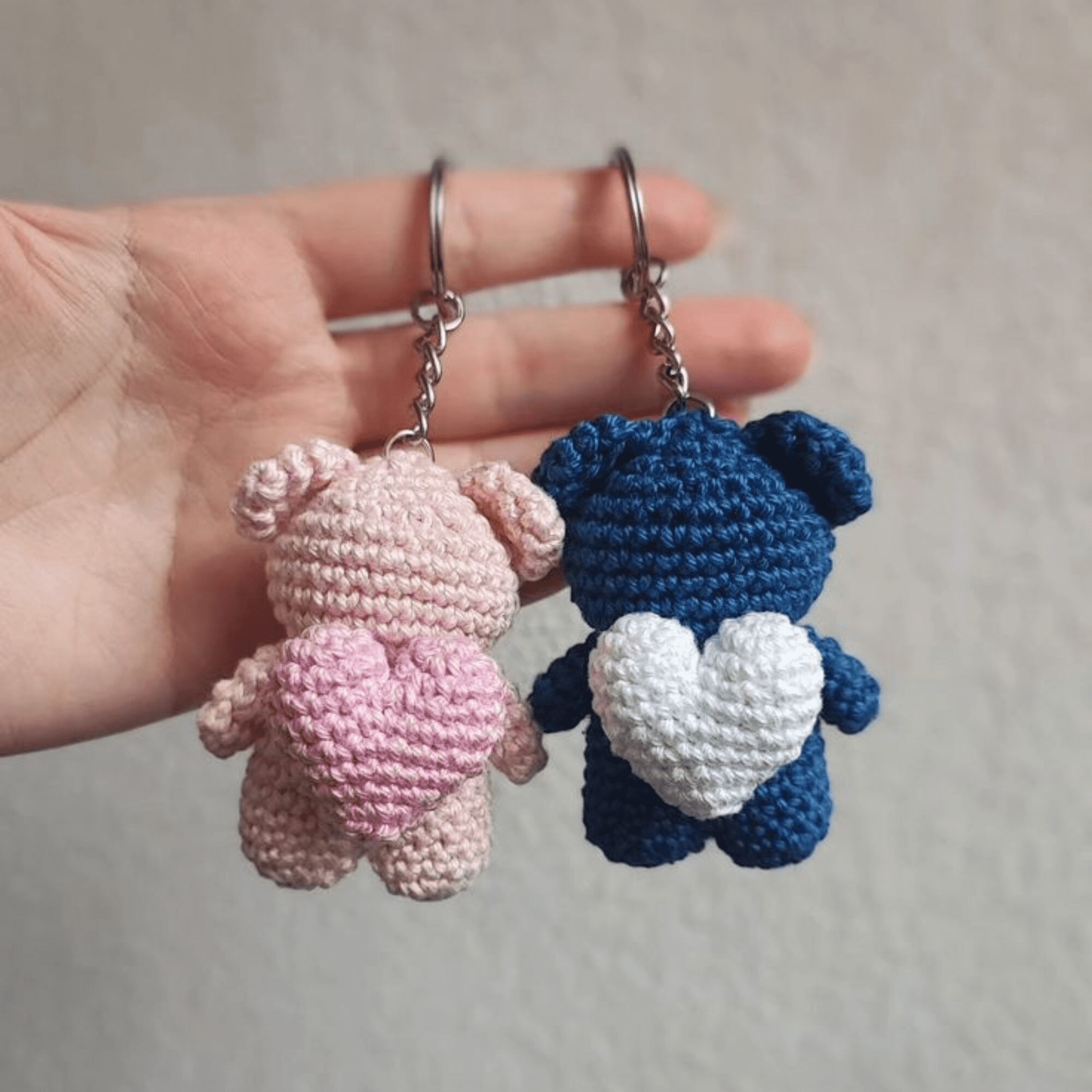 Lovely Runner Crochet Teddy Bear Keychains with Heart Backs – Couple Edition