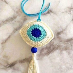 Offwhite Handmade Crochet Evil Eye Charm – Boho Protection Wall & Car Hanging