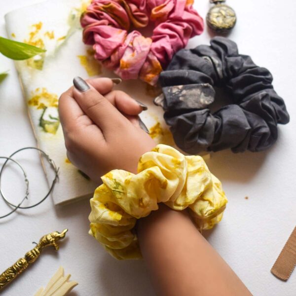 Eco-printed Silk Scrunchies - Set of 3 (Pink, Yellow & Grey) - Image 2