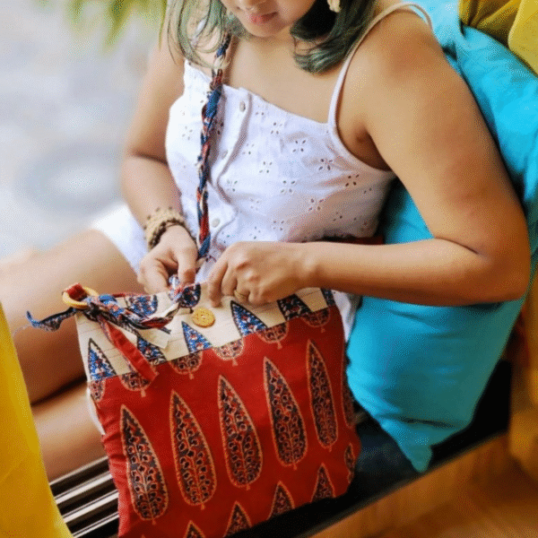 Handcrafted Maroon & Off-White Cotton Sling Bag | Sustainable Block Print Shoulder Bag - Image 2