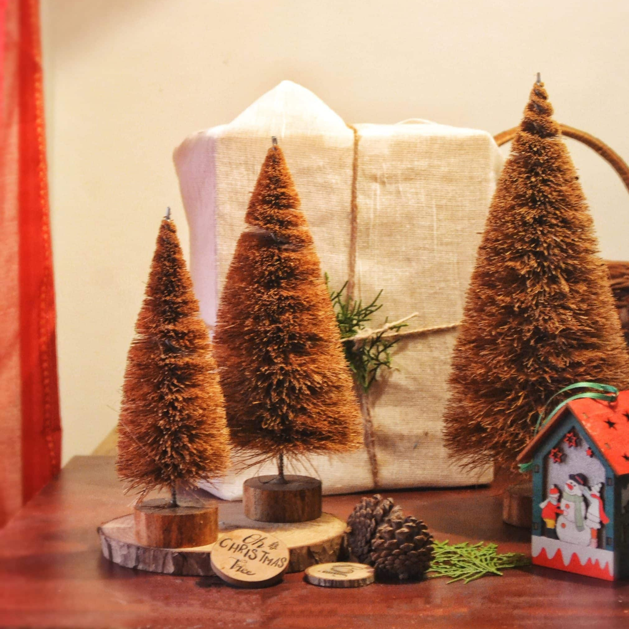 Sustainable coir Christmas trees in snowy-themed setup with mini houses and pinecones – plastic-free festive table decor”