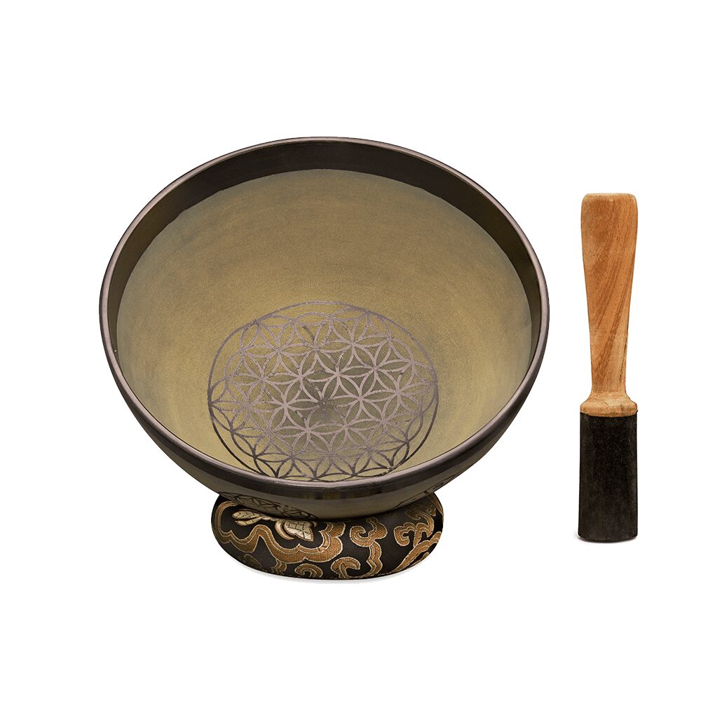 Flower of Life with Sacred Symbols Singing Bowls | Olive Green