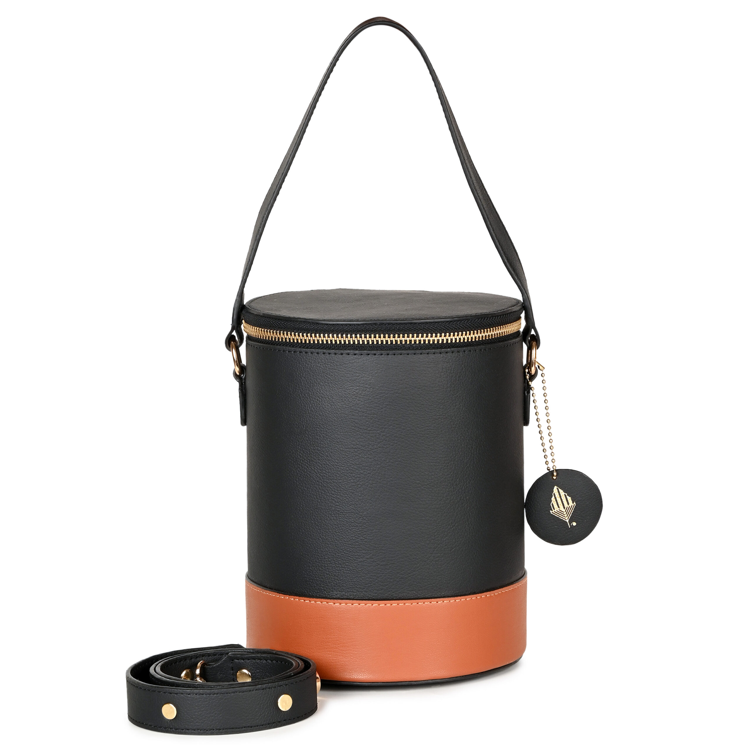Hemera Vegan Leather Bucket Bag - Black & Gingerbread - Image 3