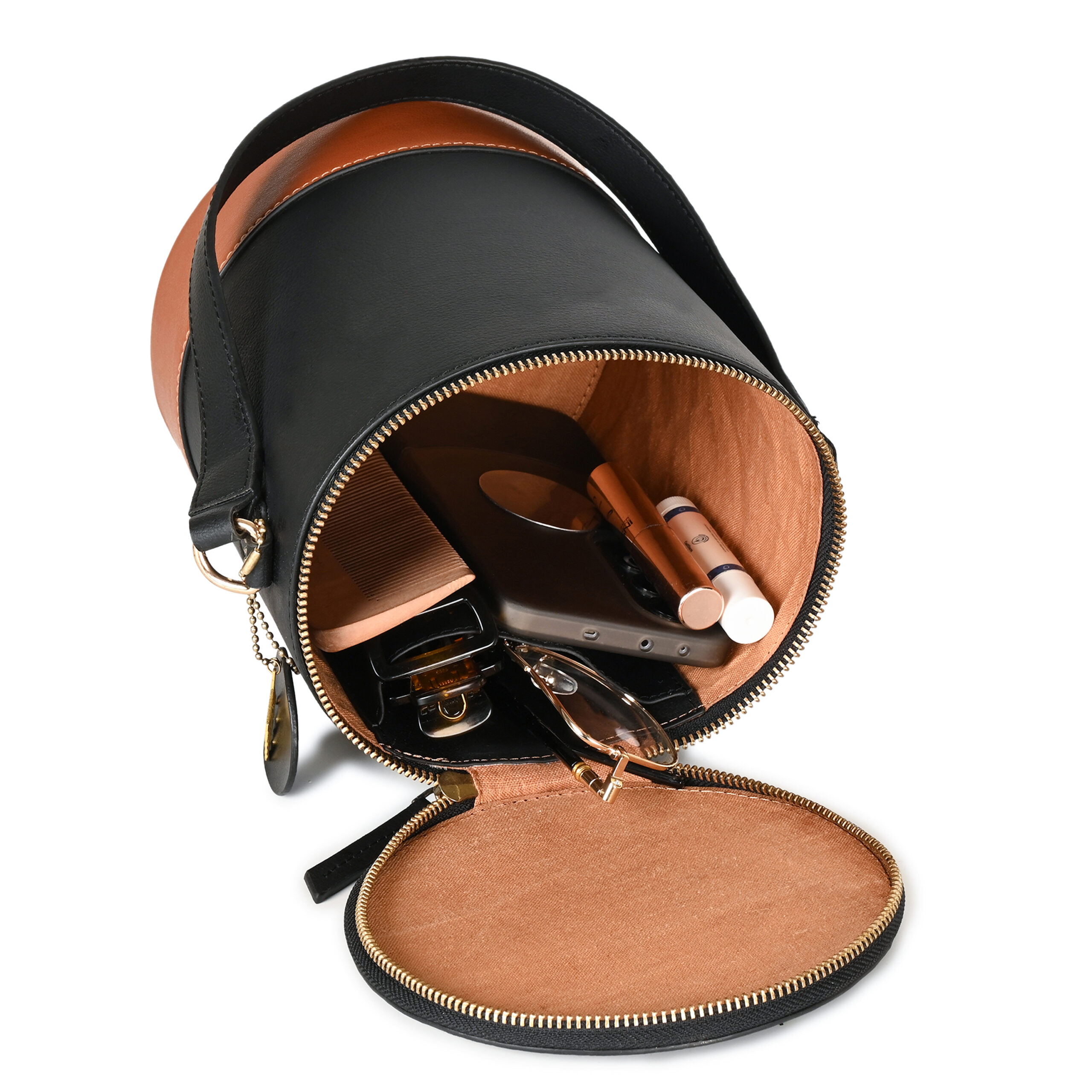 Hemera Vegan Leather Bucket Bag - Black & Gingerbread - Image 7