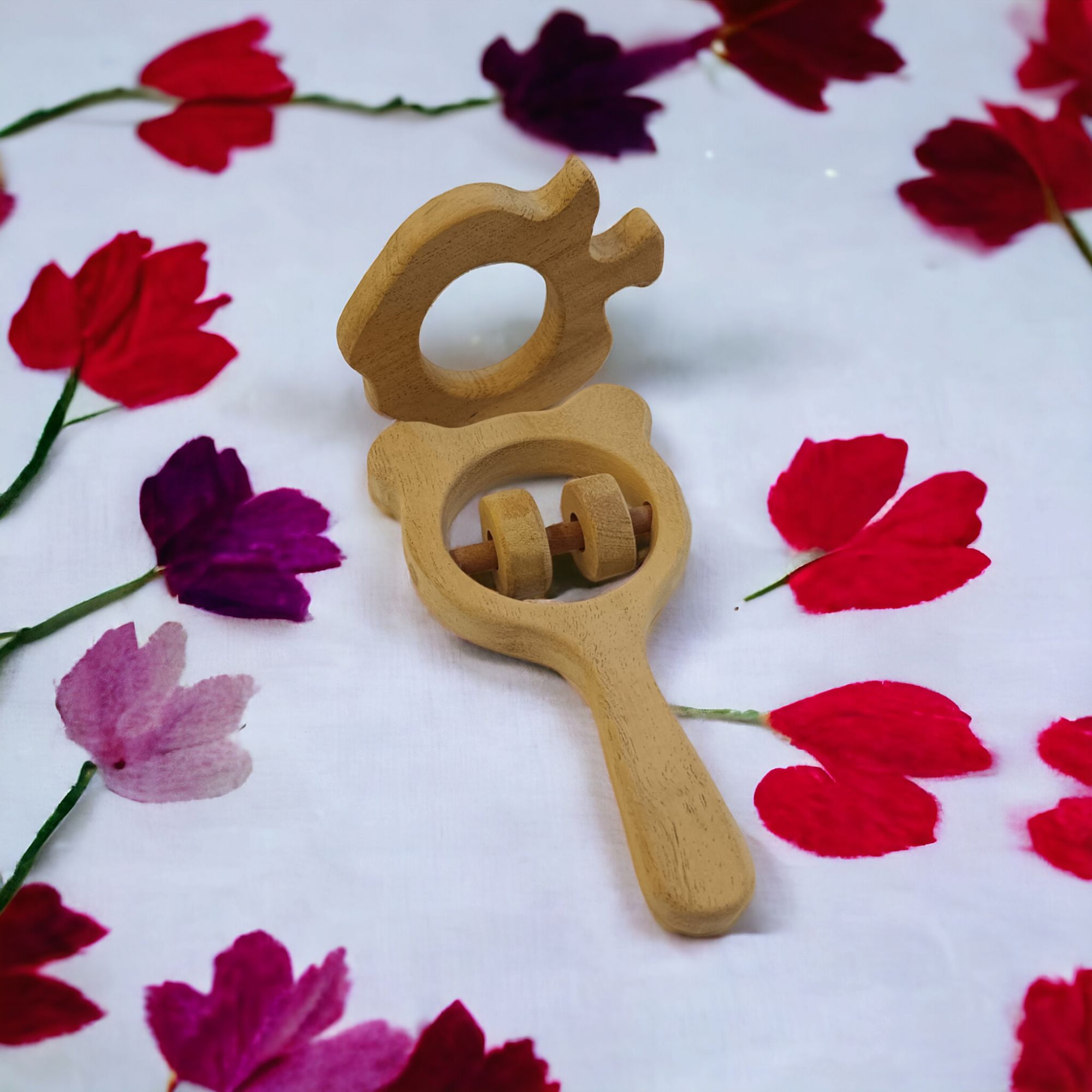 Beautiful Combo of Neem Wooden Rattle & Teether - Mickey Head Rattle & Apple Teether - Image 5