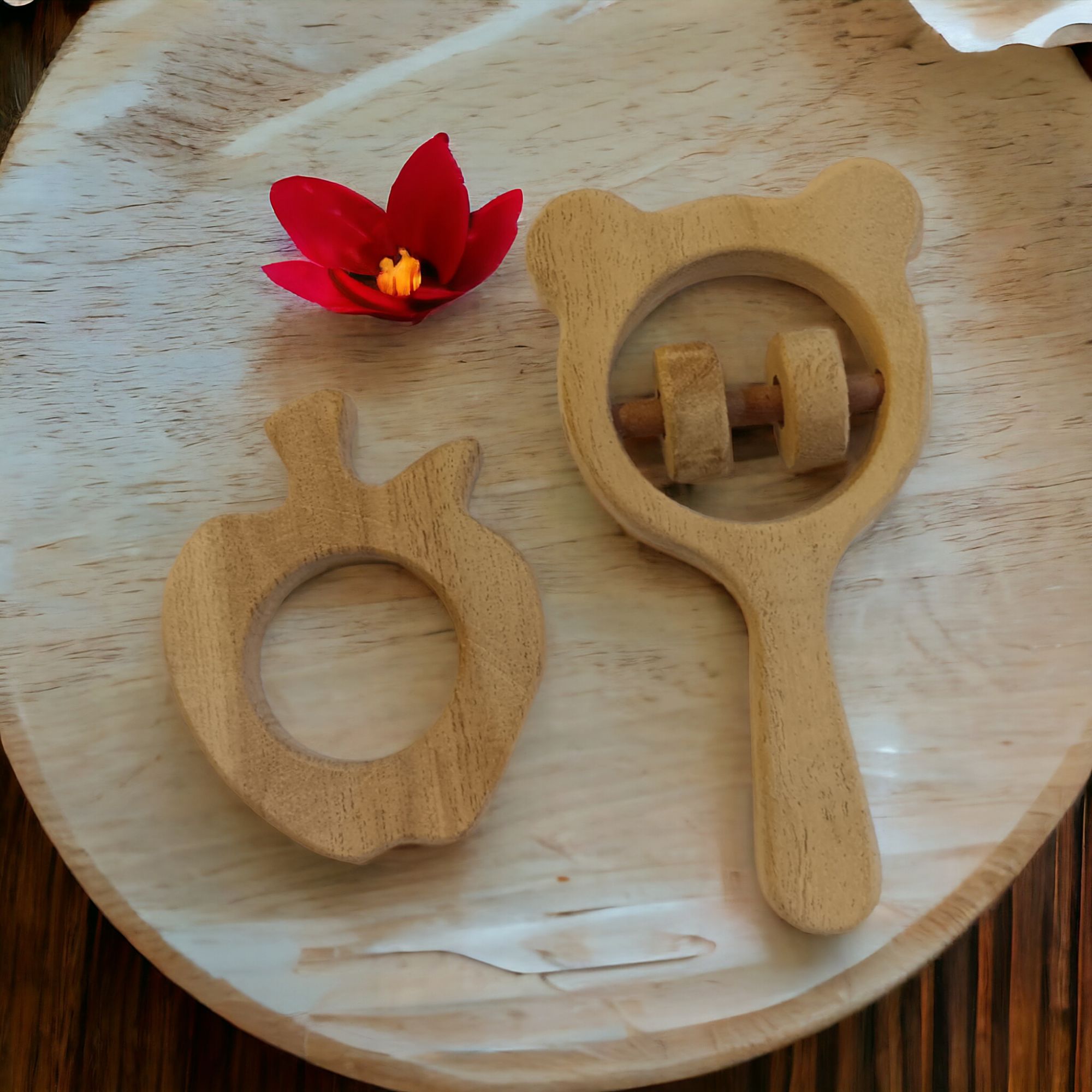 Beautiful Combo of Neem Wooden Rattle & Teether - Mickey Head Rattle & Apple Teether