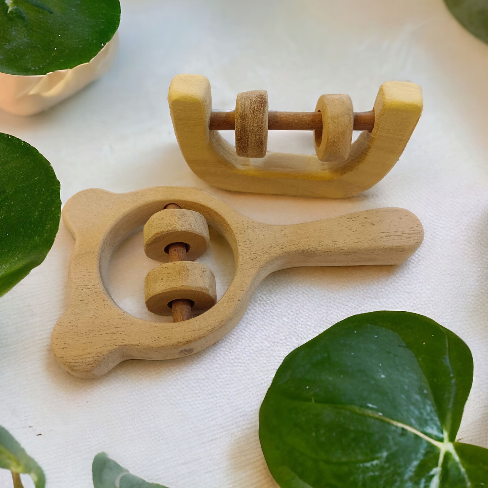 Soothing Sound Making Set of 2 Neem Wooden Rattles - Mickey Head & C Shape - Image 3