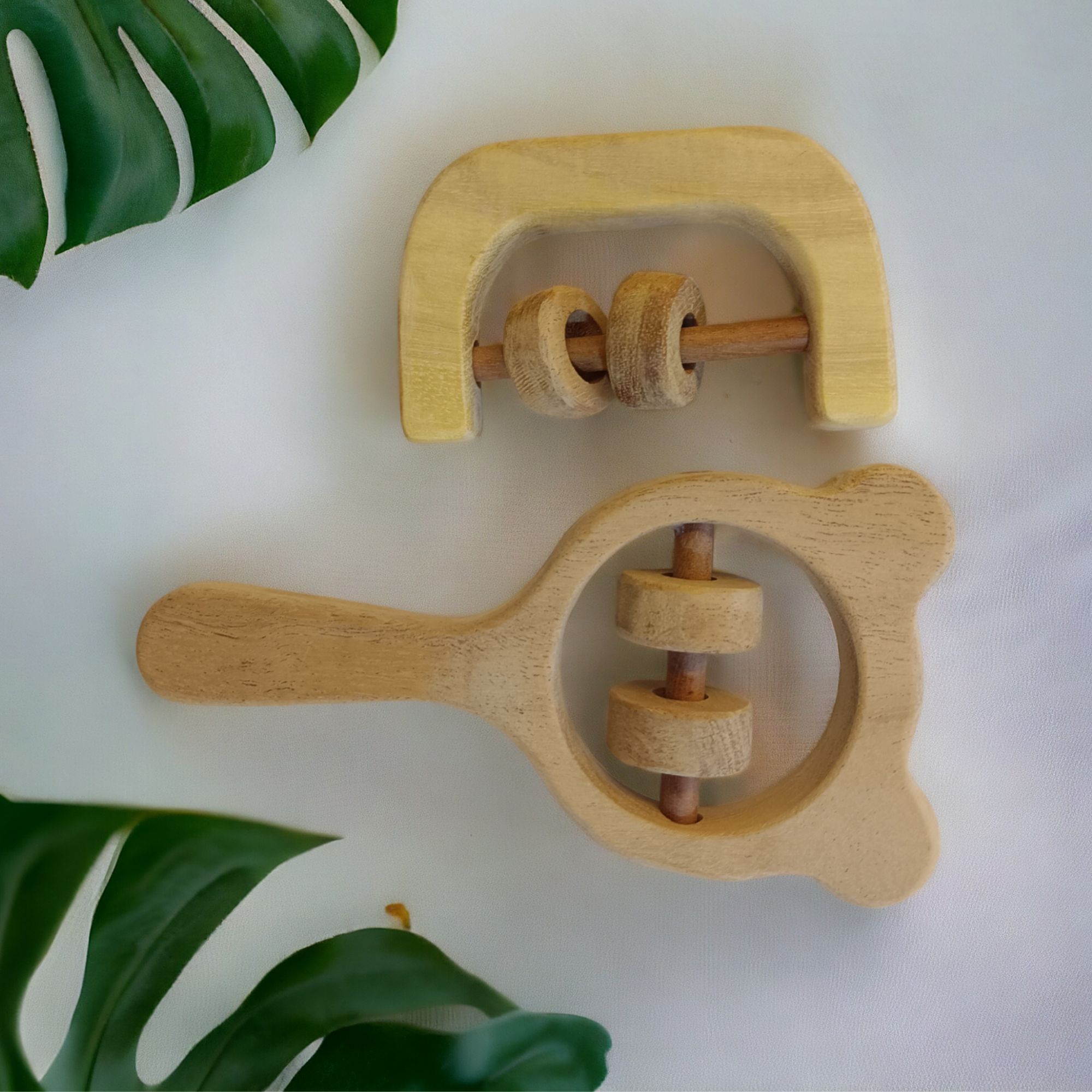 Soothing Sound Making Set of 2 Neem Wooden Rattles - Mickey Head & C Shape - Image 2