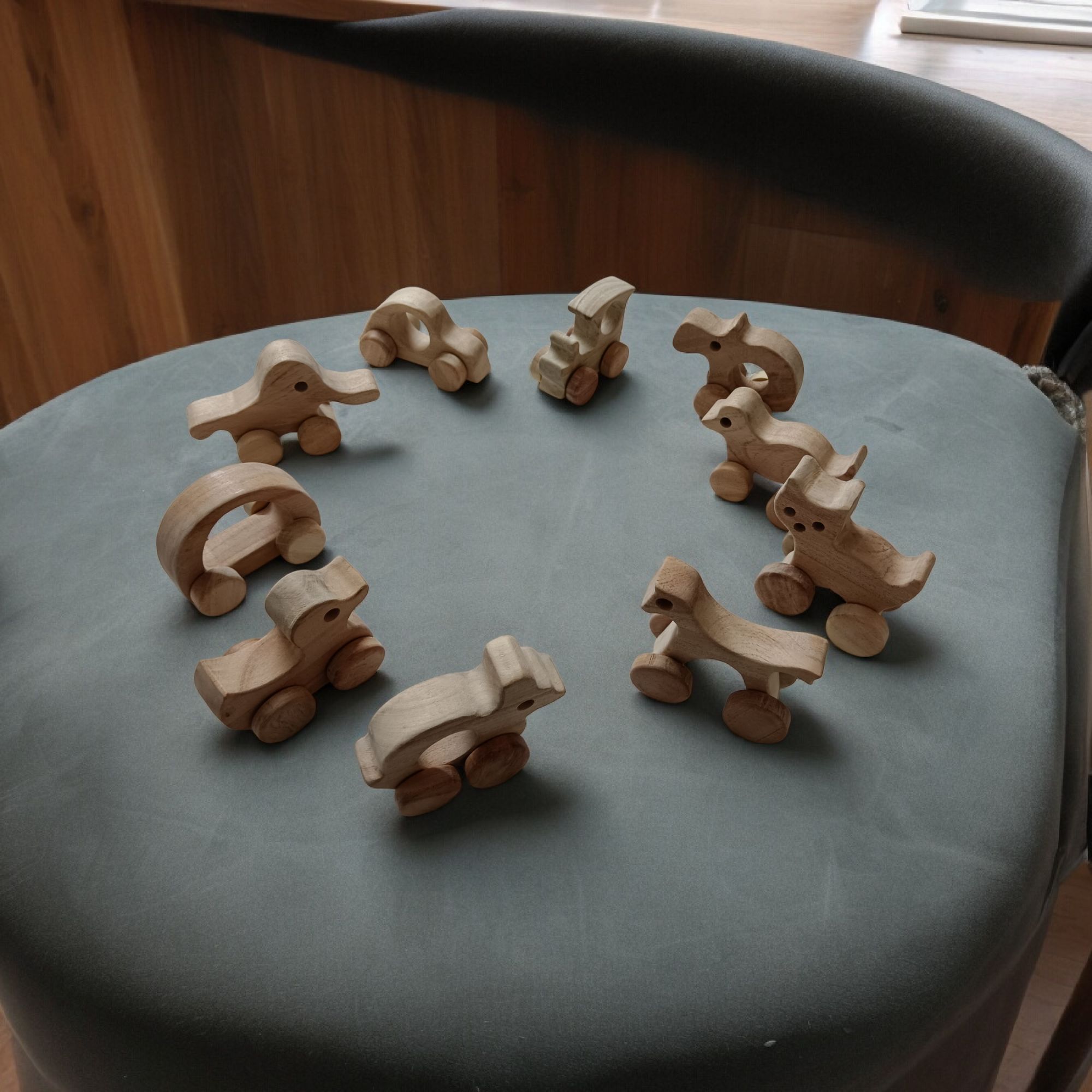 Set of 10 Beautiful Push & Pull Toys for Toddlers - Made from Sustainable Neem Wood