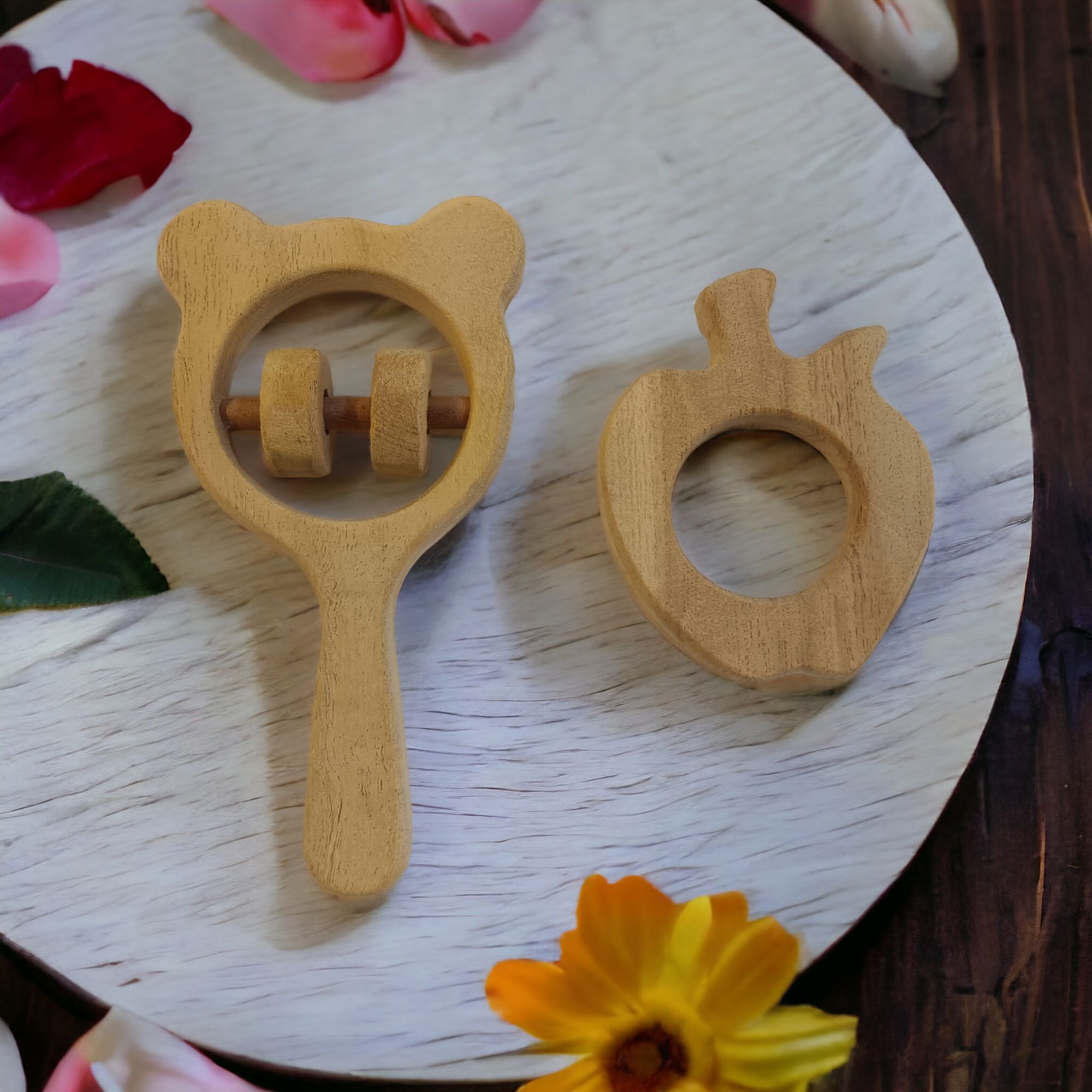 Beautiful Combo of Neem Wooden Rattle & Teether - Mickey Head Rattle & Apple Teether - Image 2