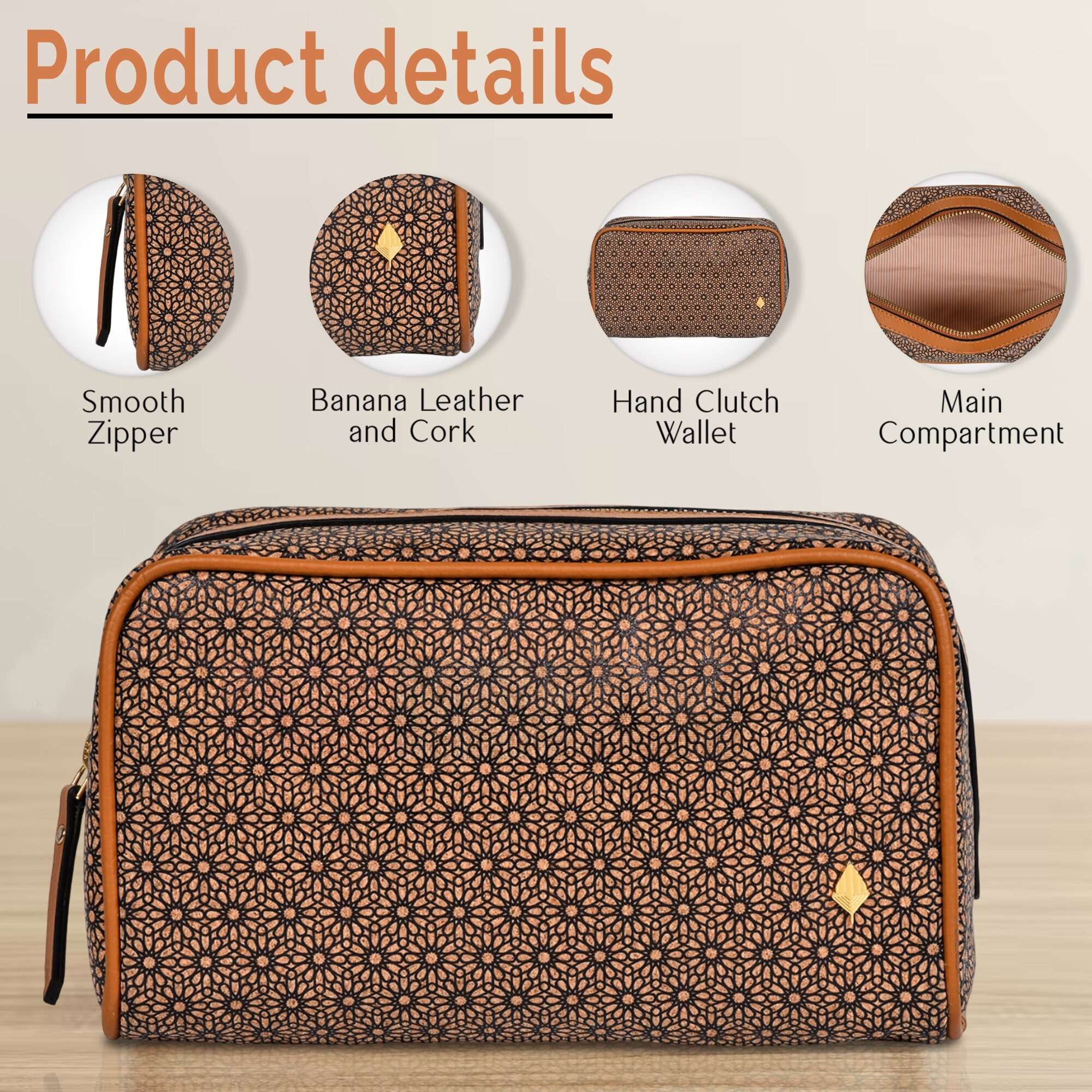 Green Hermitage Utility Kit | Vegan Leather & Cork Printing, Zip Closure (Tan) - Image 2