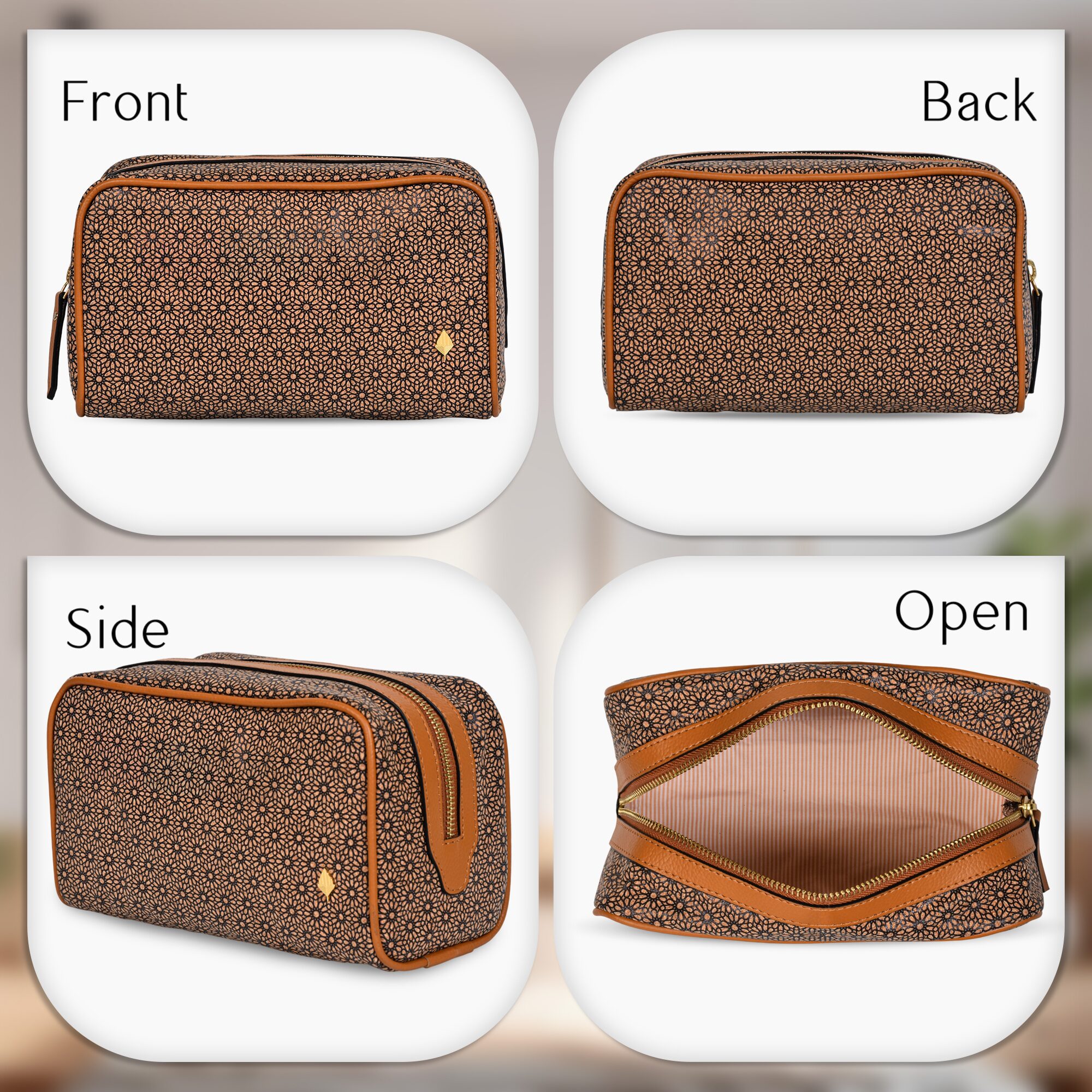 Green Hermitage Utility Kit | Vegan Leather & Cork Printing, Zip Closure (Tan) - Image 3