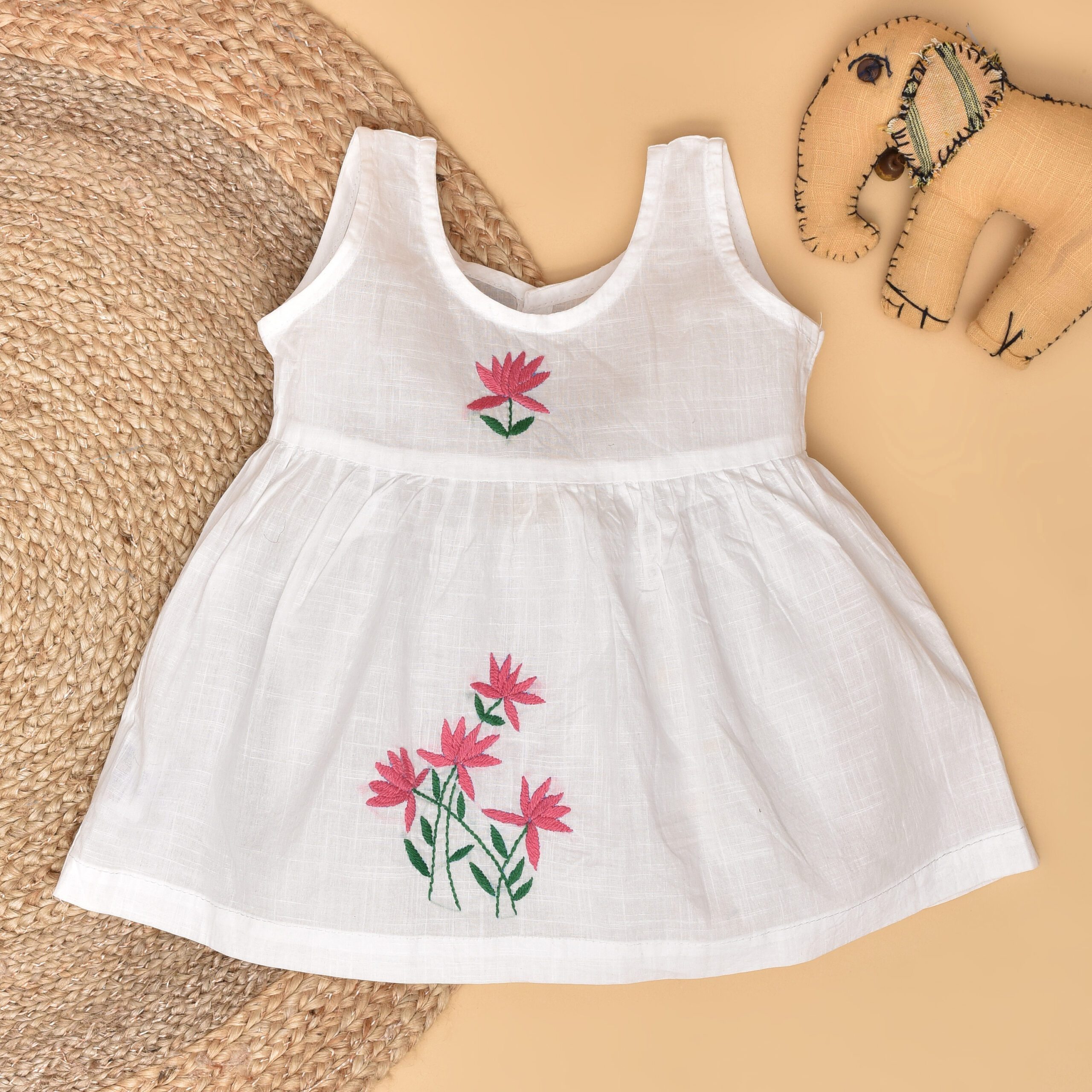 White Cotton Baby Dress with Lotus Design Hand Embroidery