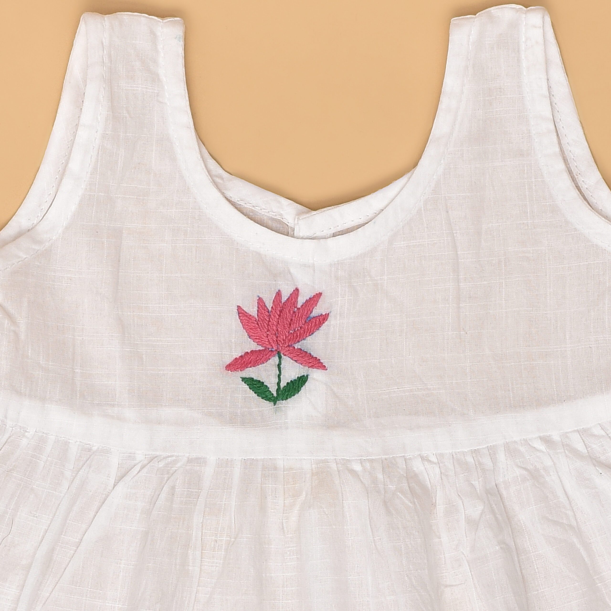 White Cotton Baby Dress with Lotus Design Hand Embroidery - Image 2