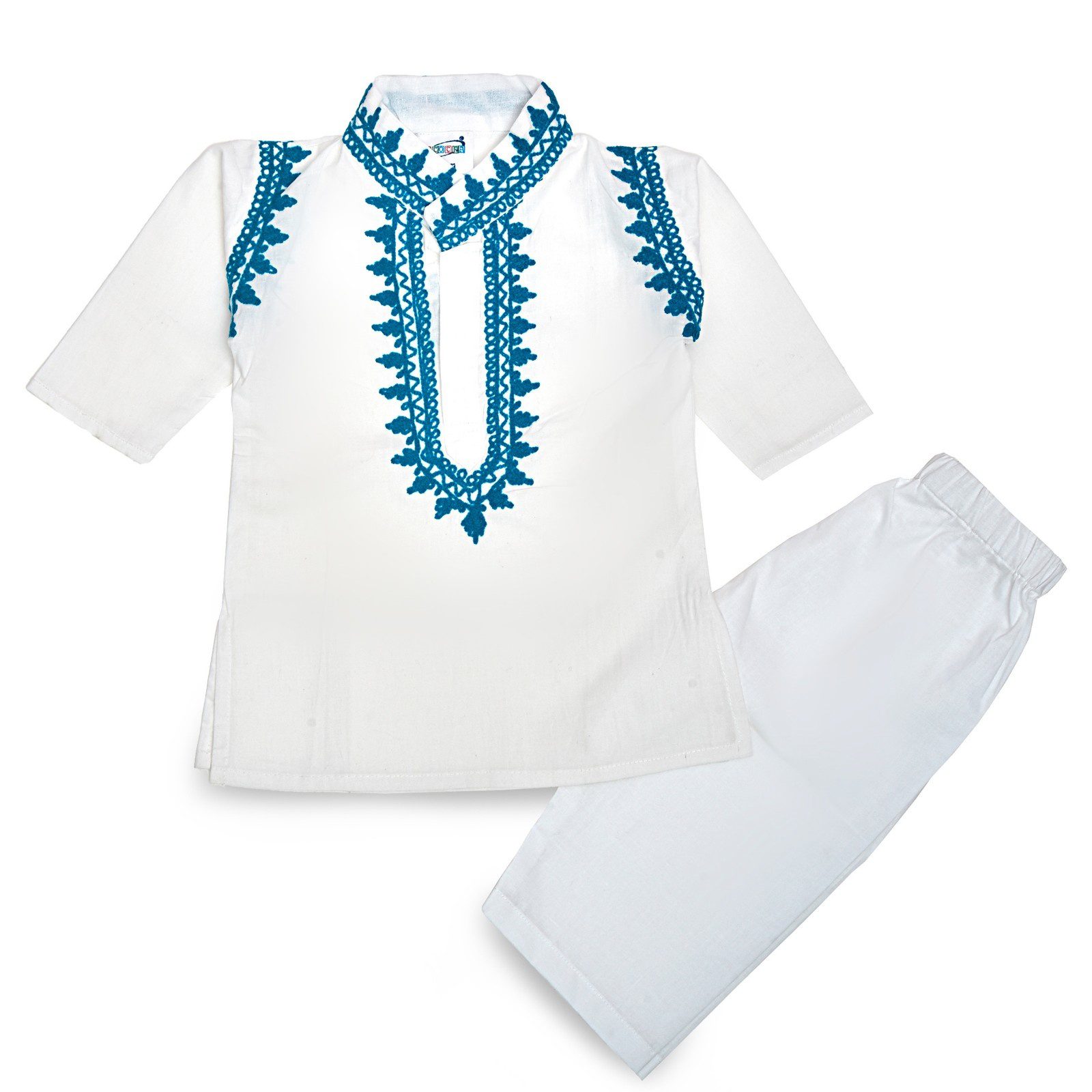 Boys White Cotton Kurta Pyjama with Turqoise Kashmiri Ari Work