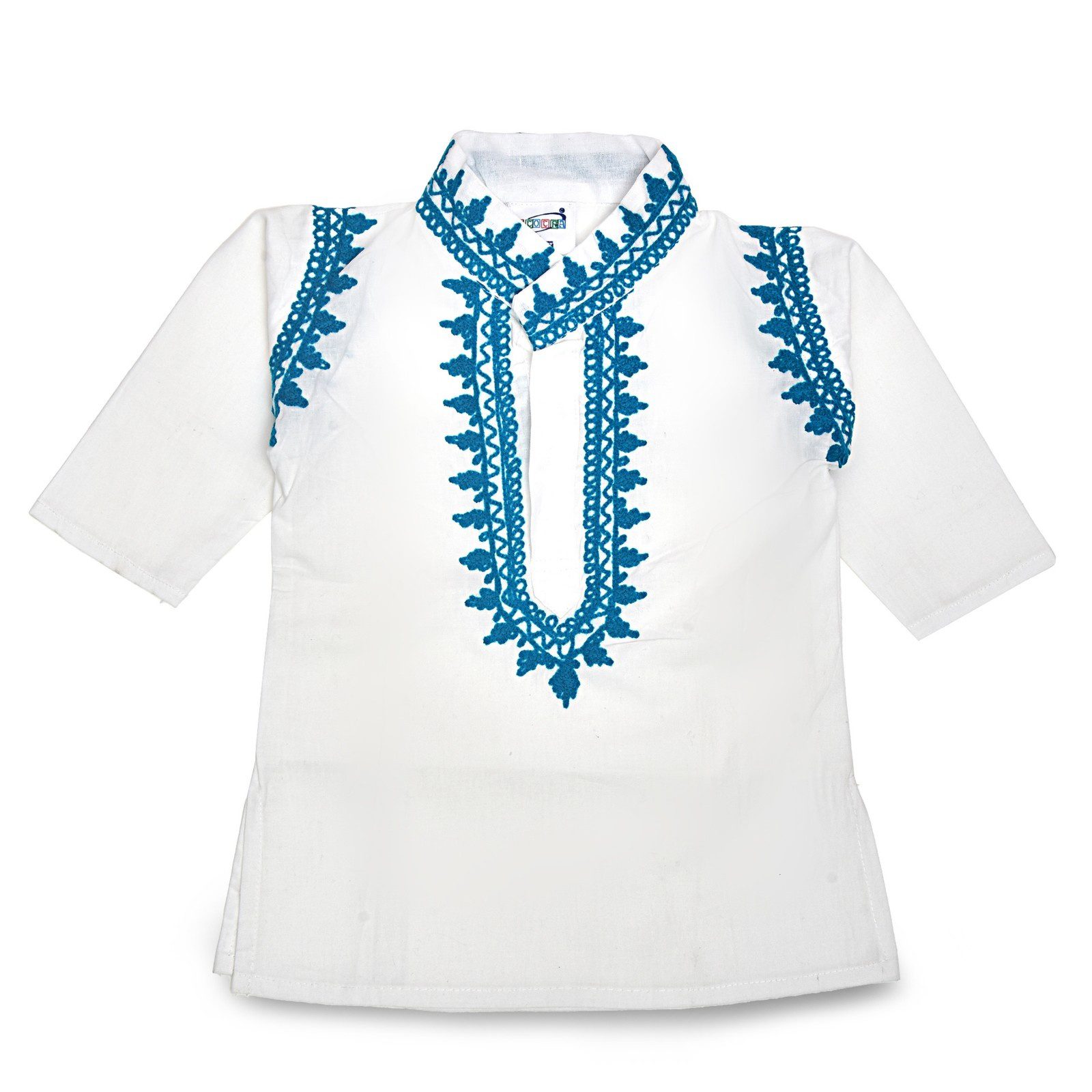 Boys White Cotton Kurta Pyjama with Turqoise Kashmiri Ari Work - Image 2