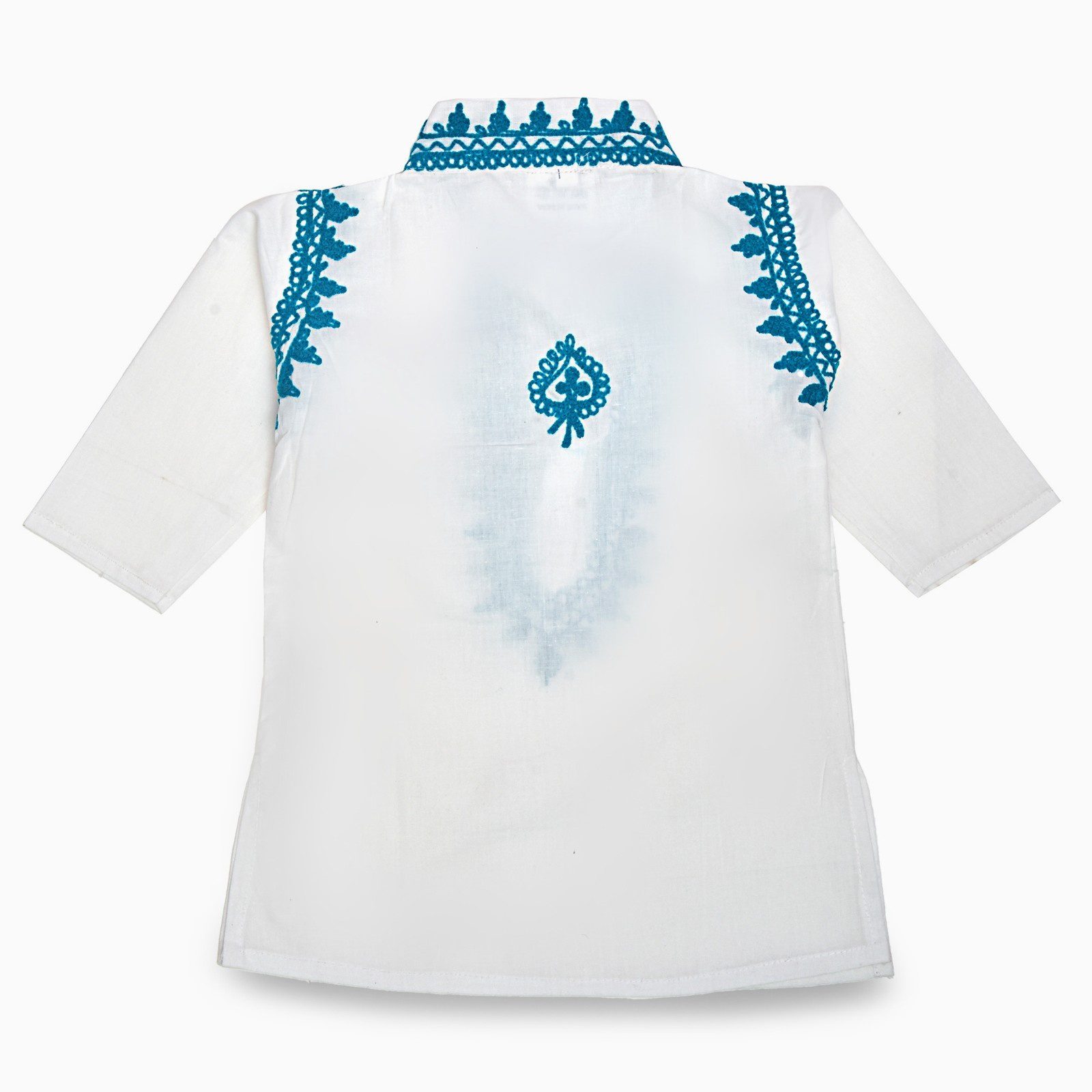 Boys White Cotton Kurta Pyjama with Turqoise Kashmiri Ari Work - Image 4
