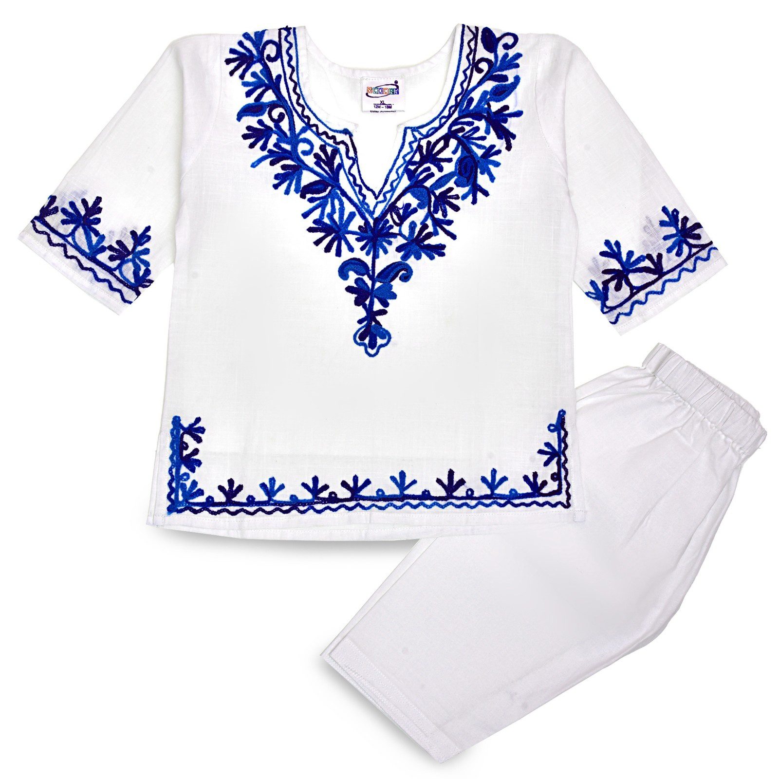 Girls White Cotton Kurta Pyjama with Blue Kashmiri Ari Work