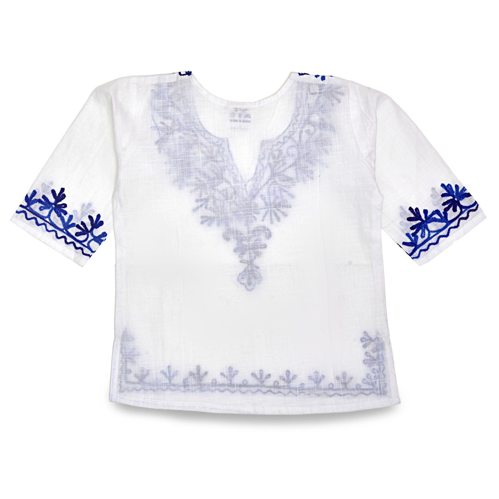 Girls White Cotton Kurta Pyjama with Blue Kashmiri Ari Work - Image 4