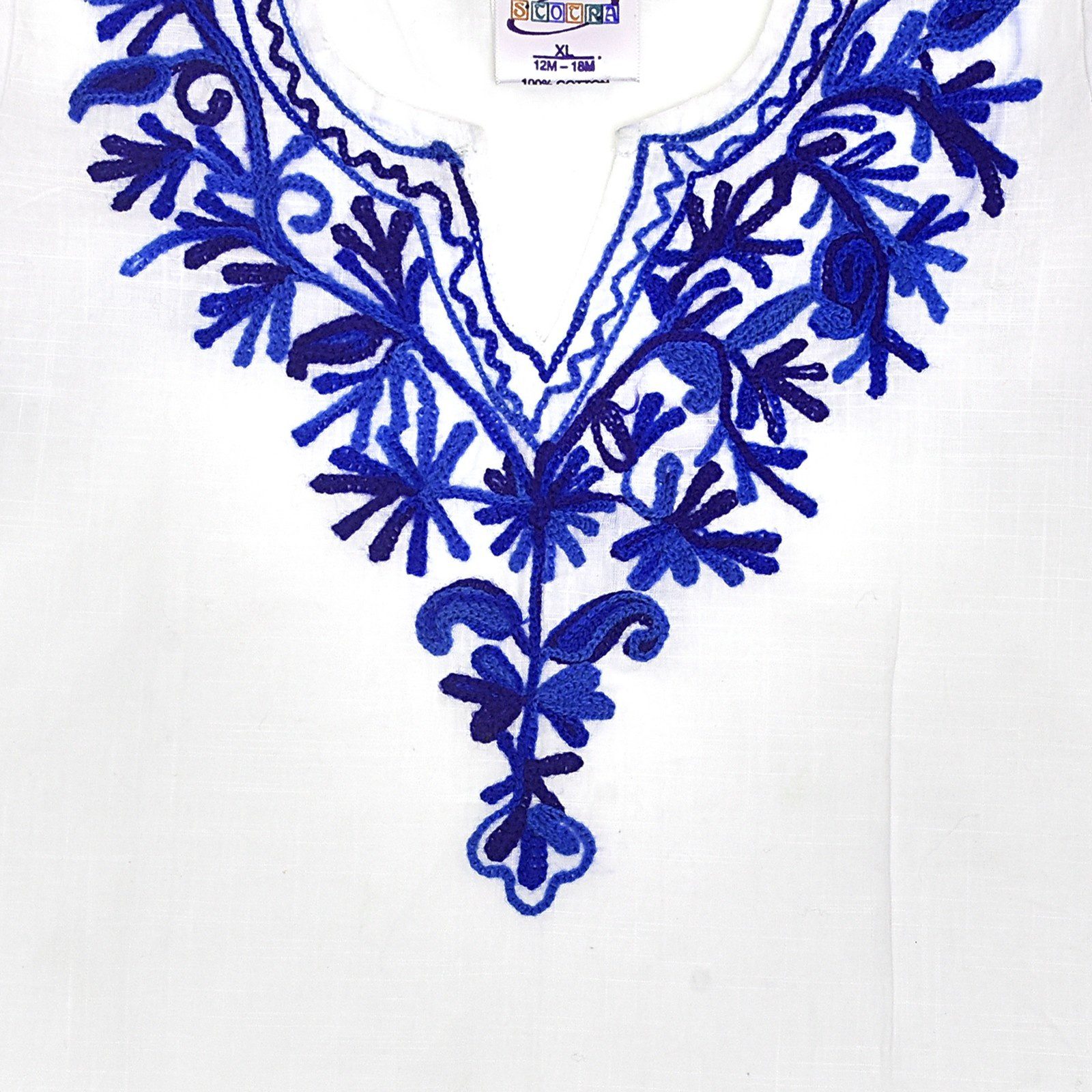 Girls White Cotton Kurta Pyjama with Blue Kashmiri Ari Work - Image 2