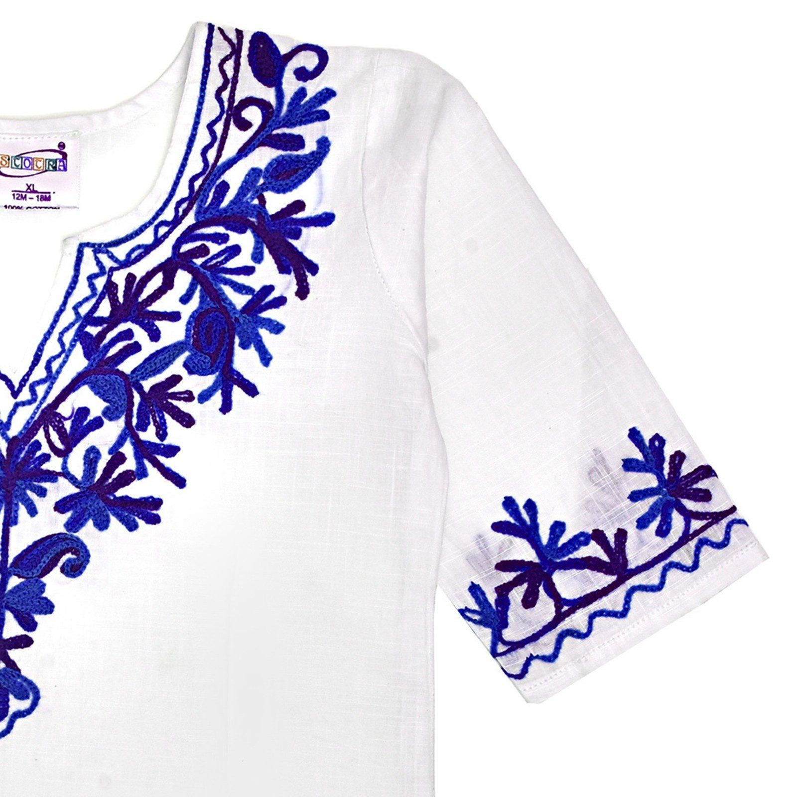Girls White Cotton Kurta Pyjama with Blue Kashmiri Ari Work - Image 3