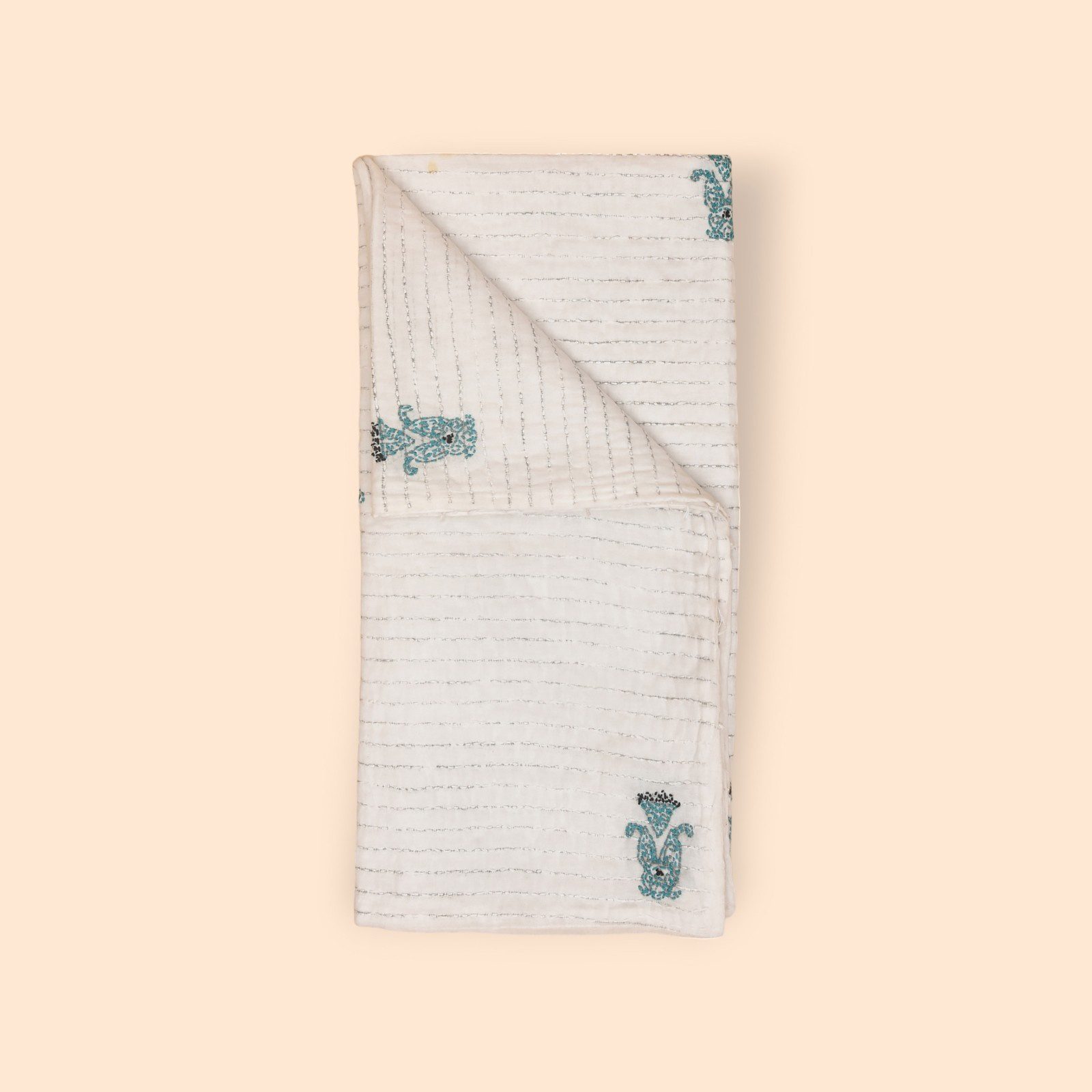 White Kolki Hand Embroidered Mulmul Nakshi Kantha - Image 3