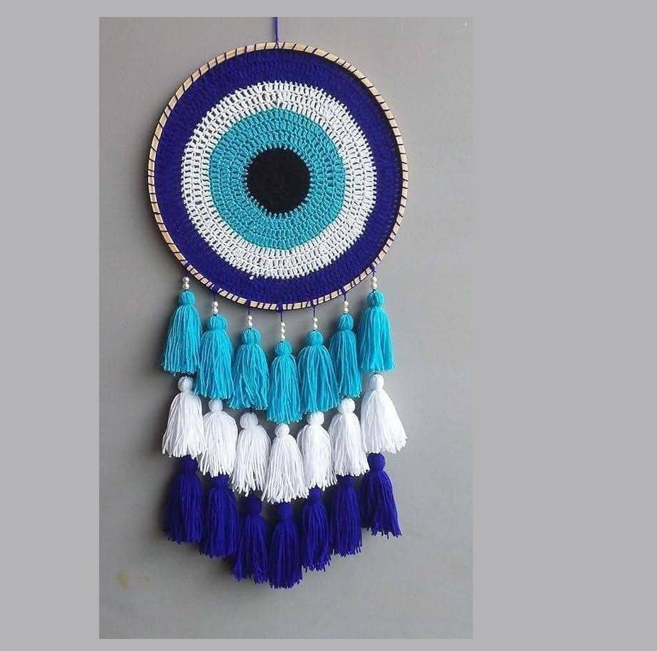 Crochet Evil Eye Wall Hanging – Handmade Boho Decor with Layers of Tassels & Protection Vibes