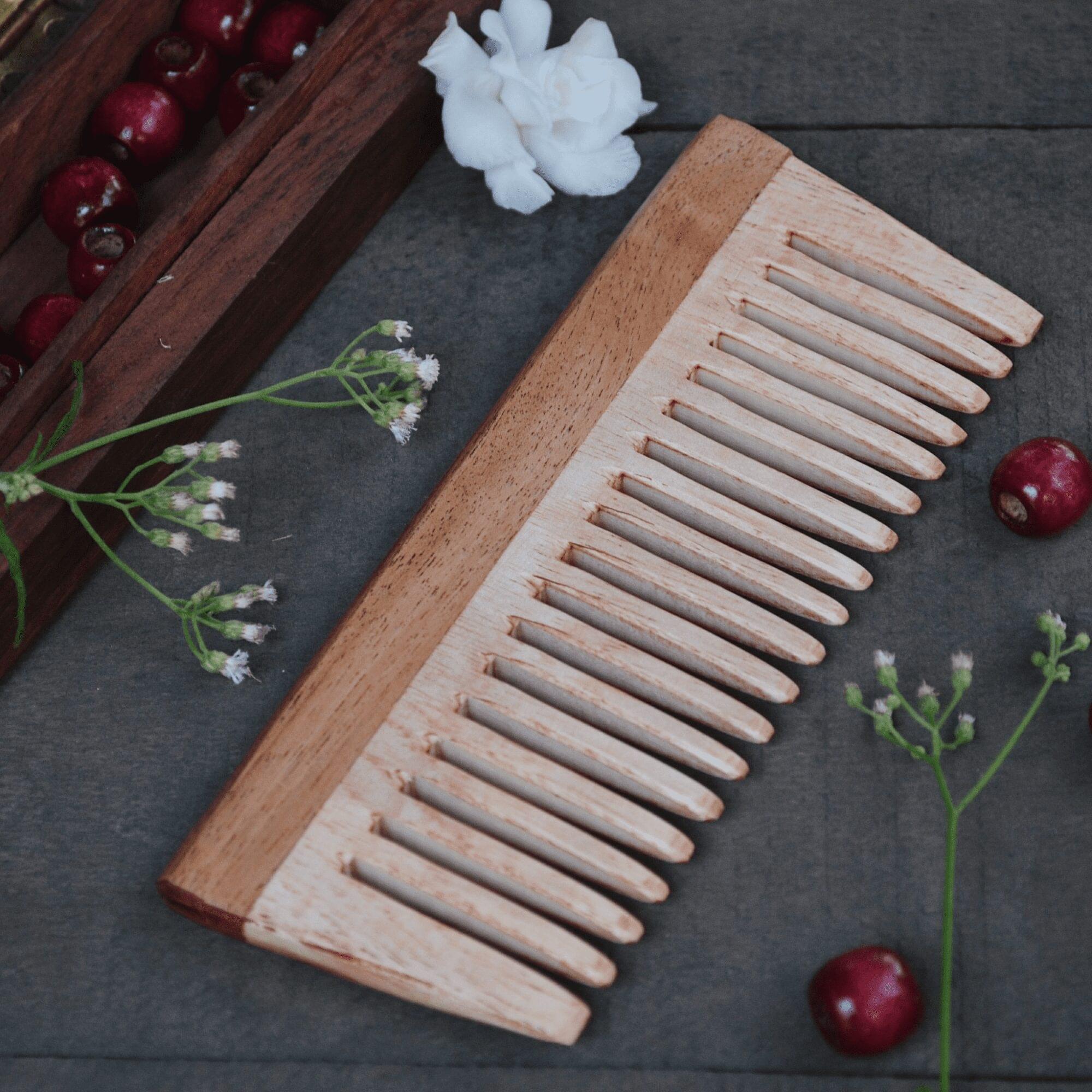 Neem Wood Comb Set of 2 – Natural Wide & Fine Tooth Wooden Hair Combs - Image 3