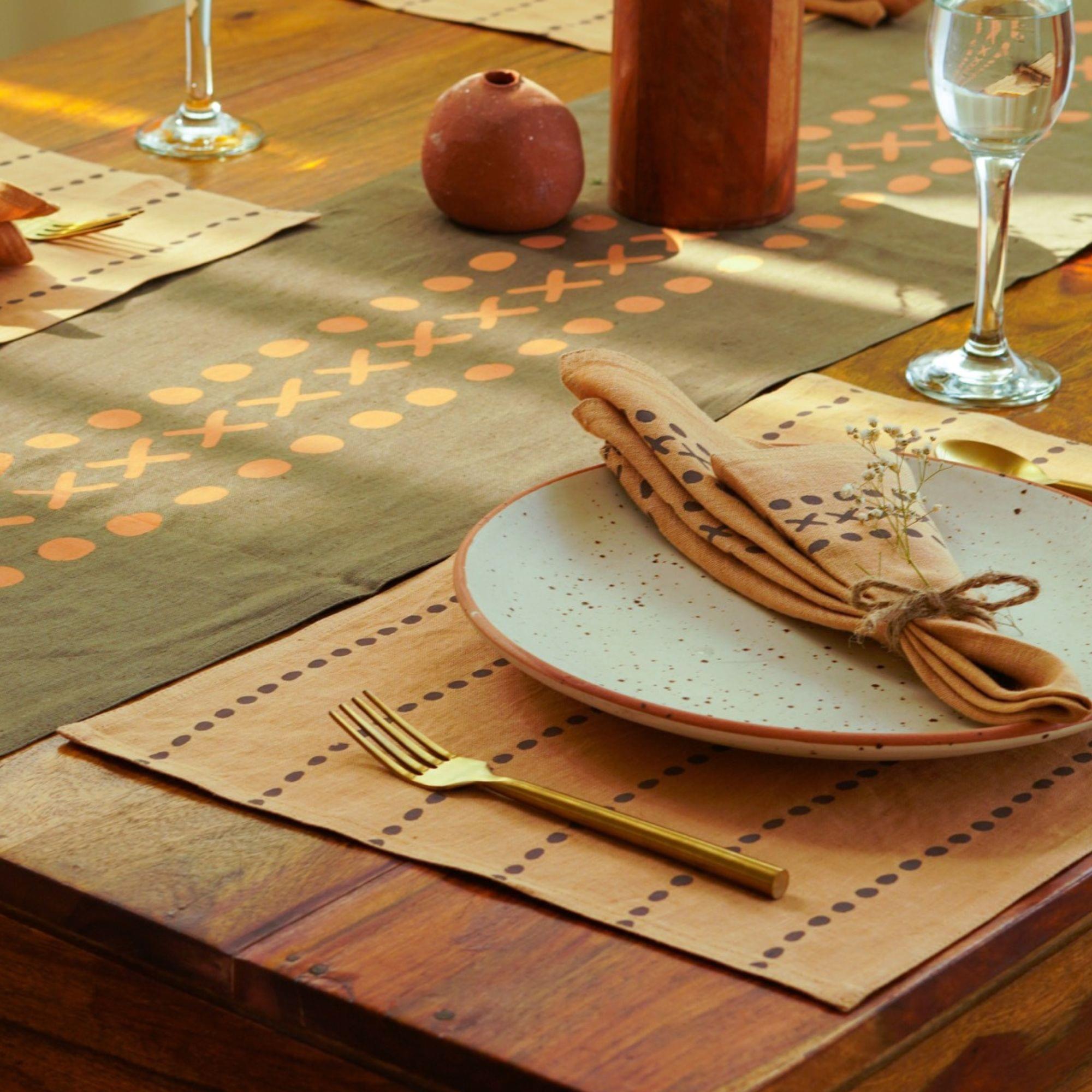 Kaincha Table Linen Set | Handprinted on 100% Hemp | Runner, Placemats, and Napkin set