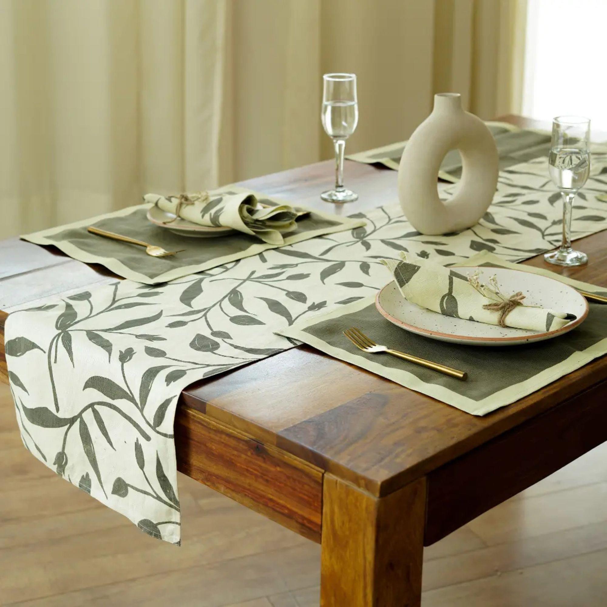 Pahi Table Linen Set | Handprinted on 100% Hemp | Runner, Placemats, and Napkin set