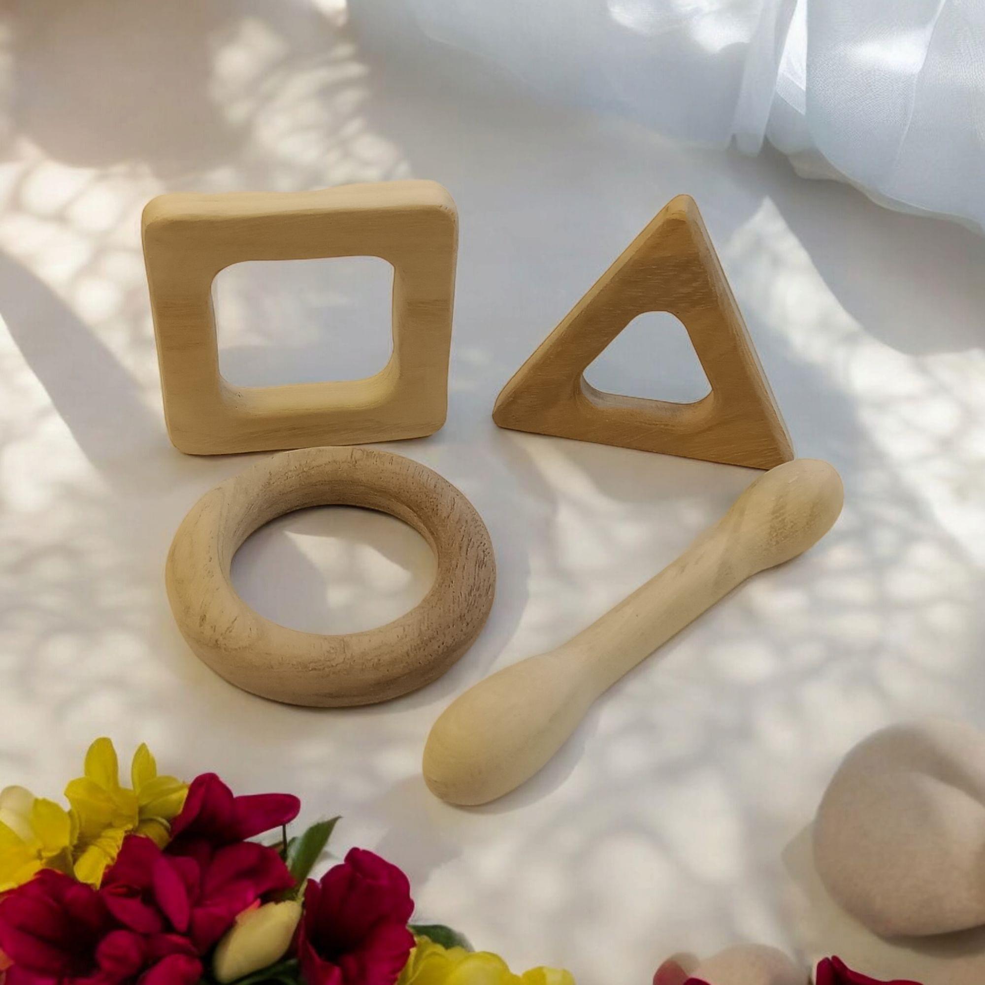 Pack of 2 Neem Wooden Teethers For Babies of Age 0 To 3 Years | Dumbbell, Ring, Square & Triangle - Image 2
