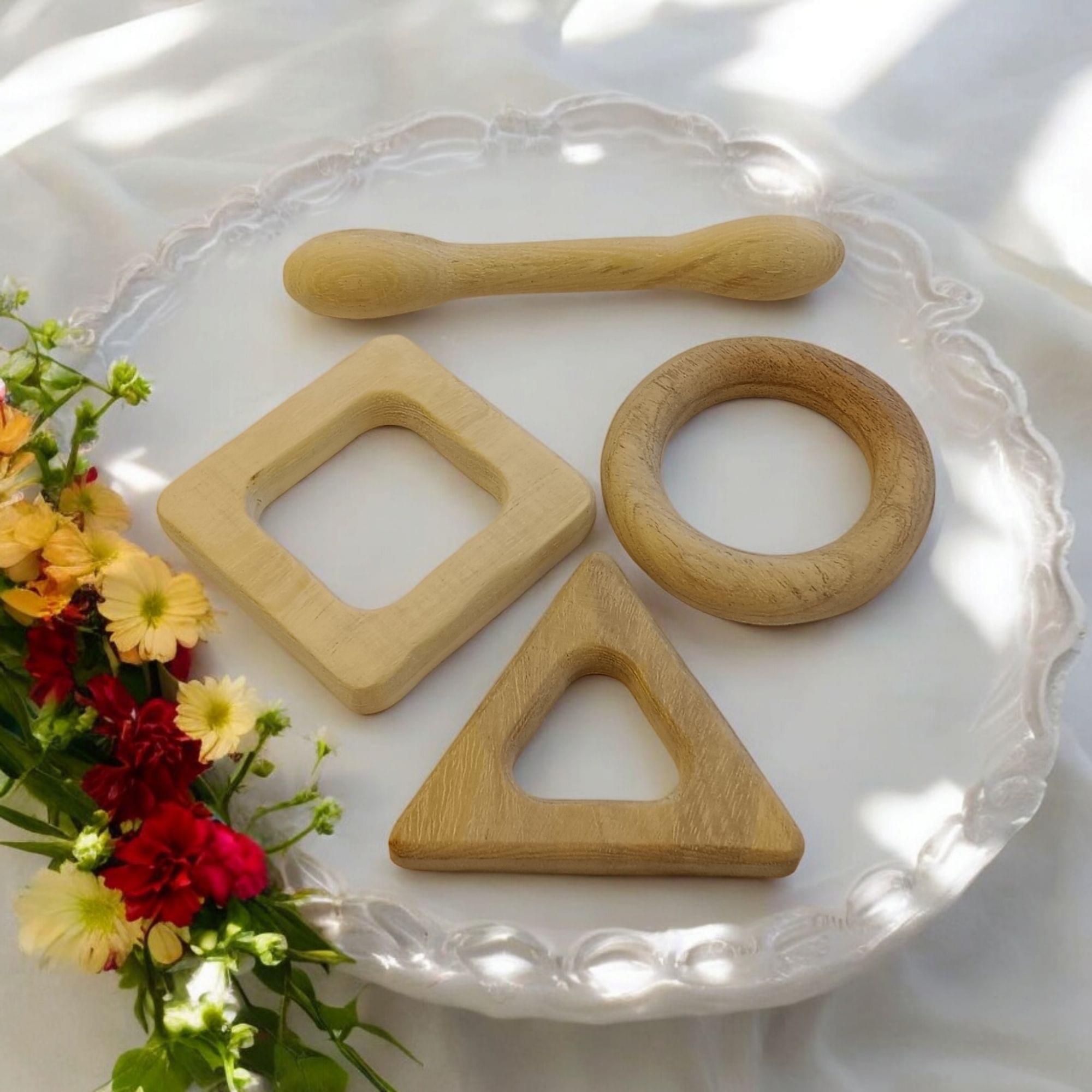 Pack of 2 Neem Wooden Teethers For Babies of Age 0 To 3 Years | Dumbbell, Ring, Square & Triangle - Image 3