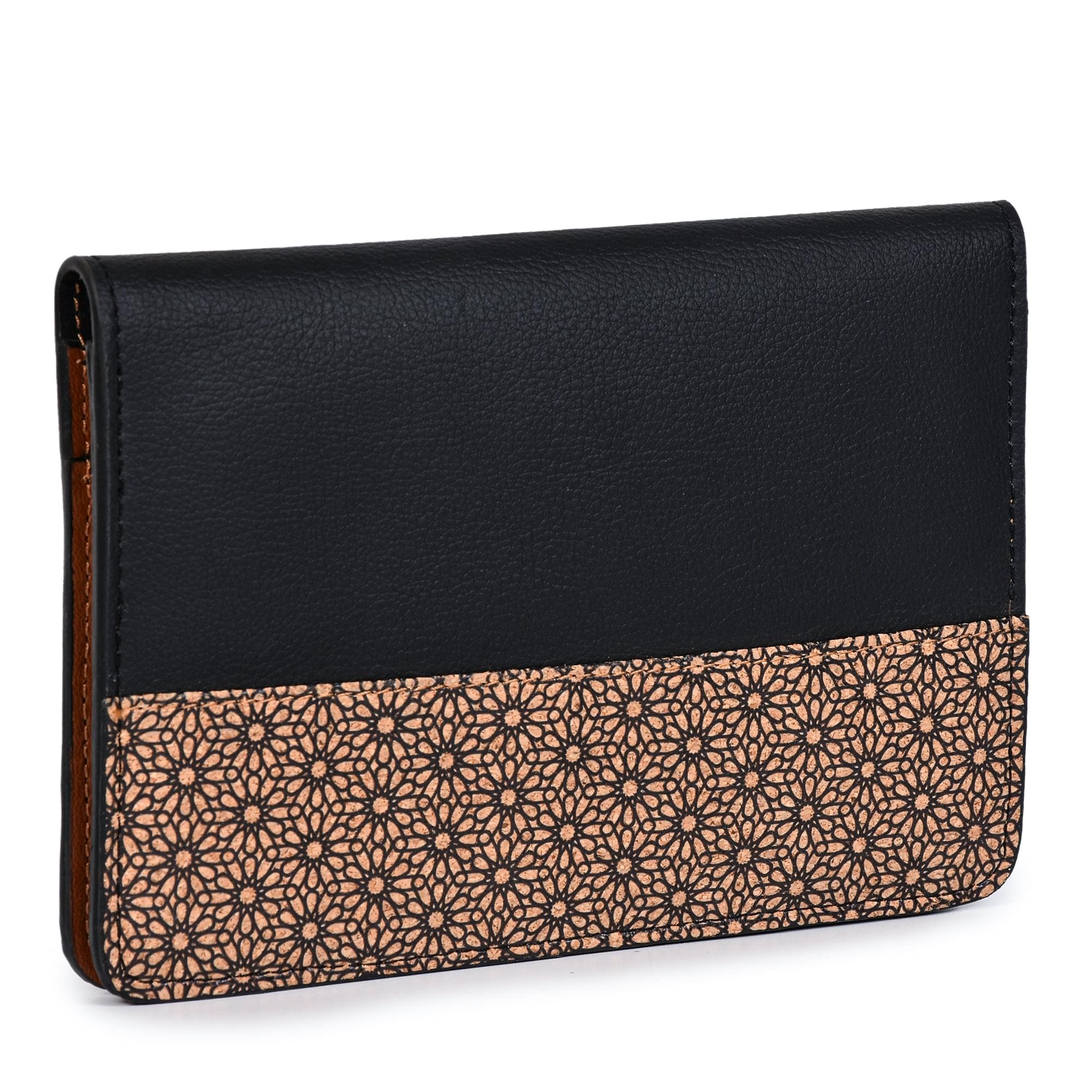 Green Hermitage Passport Holder | Vegan Leather & Cork Printing, 2 Slots + 1 Document Flap (Black)