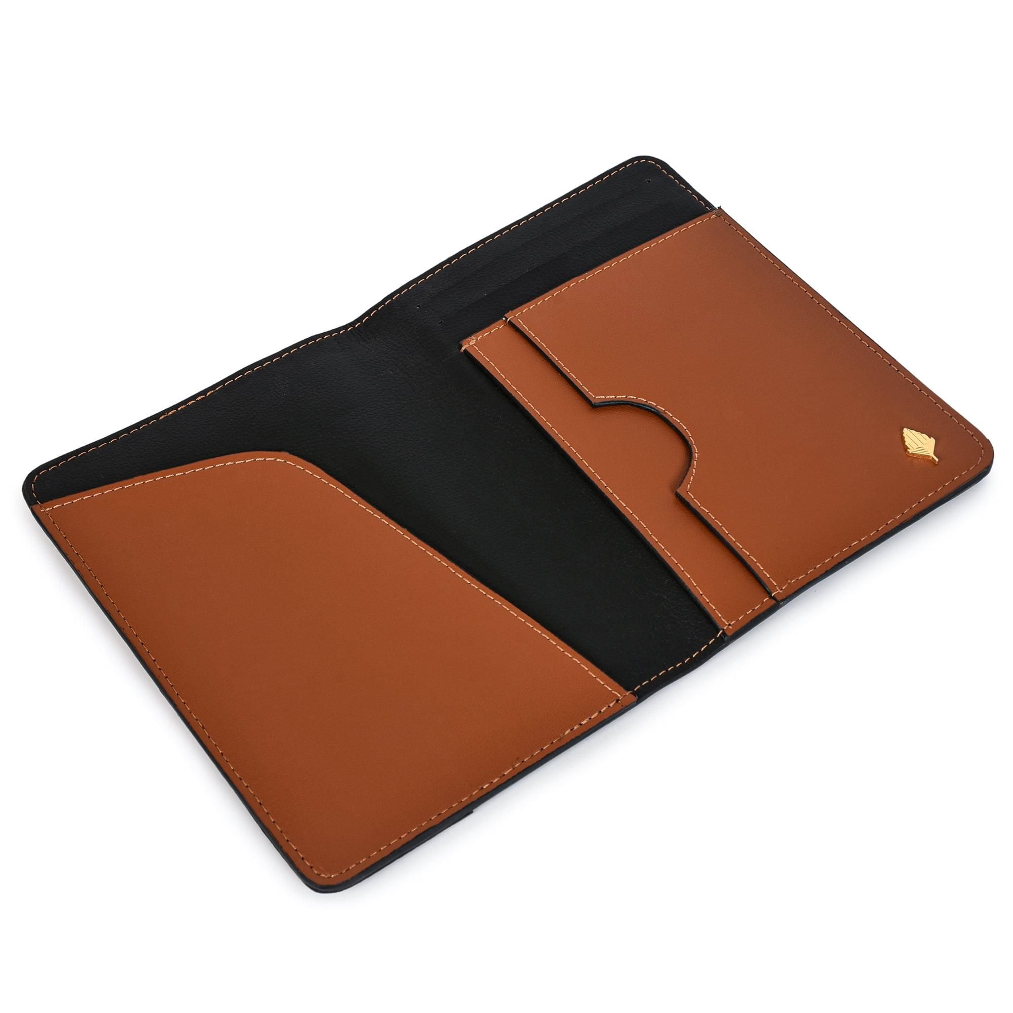 Green Hermitage Passport Holder | Vegan Leather & Cork Printing, 2 Slots + 1 Document Flap (Black) - Image 2