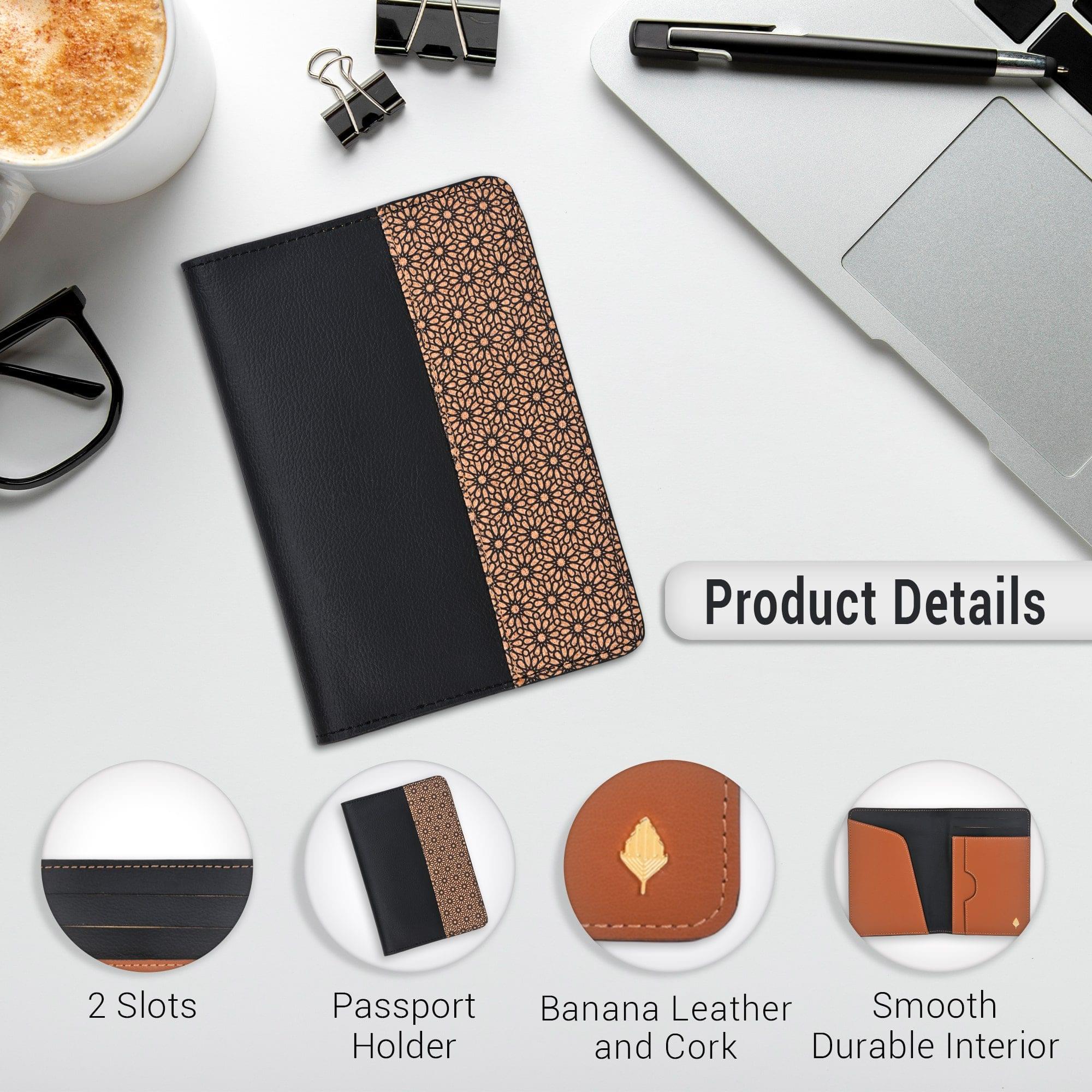 Green Hermitage Passport Holder | Vegan Leather & Cork Printing, 2 Slots + 1 Document Flap (Black) - Image 4