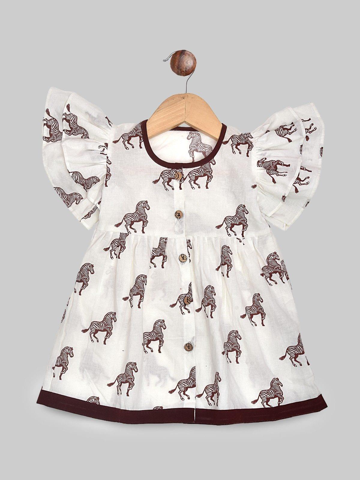 White Front Open Hand Block Zebra Design Cotton Frock - Image 2