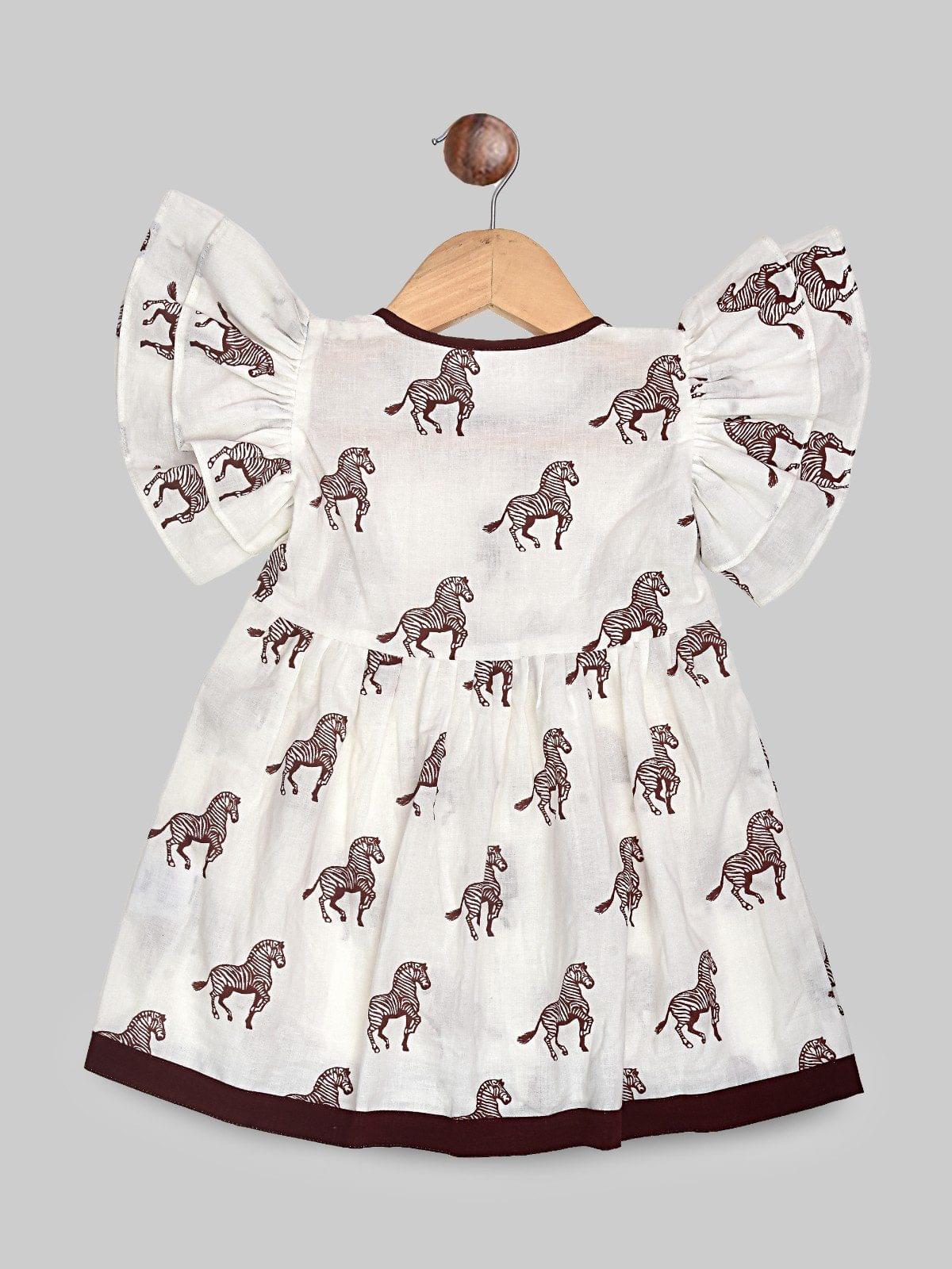 White Front Open Hand Block Zebra Design Cotton Frock - Image 5