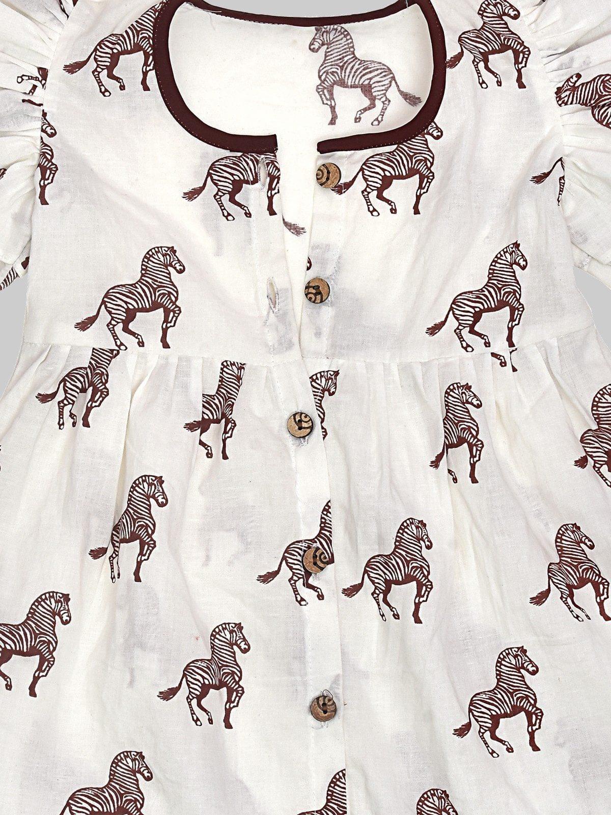 White Front Open Hand Block Zebra Design Cotton Frock - Image 3