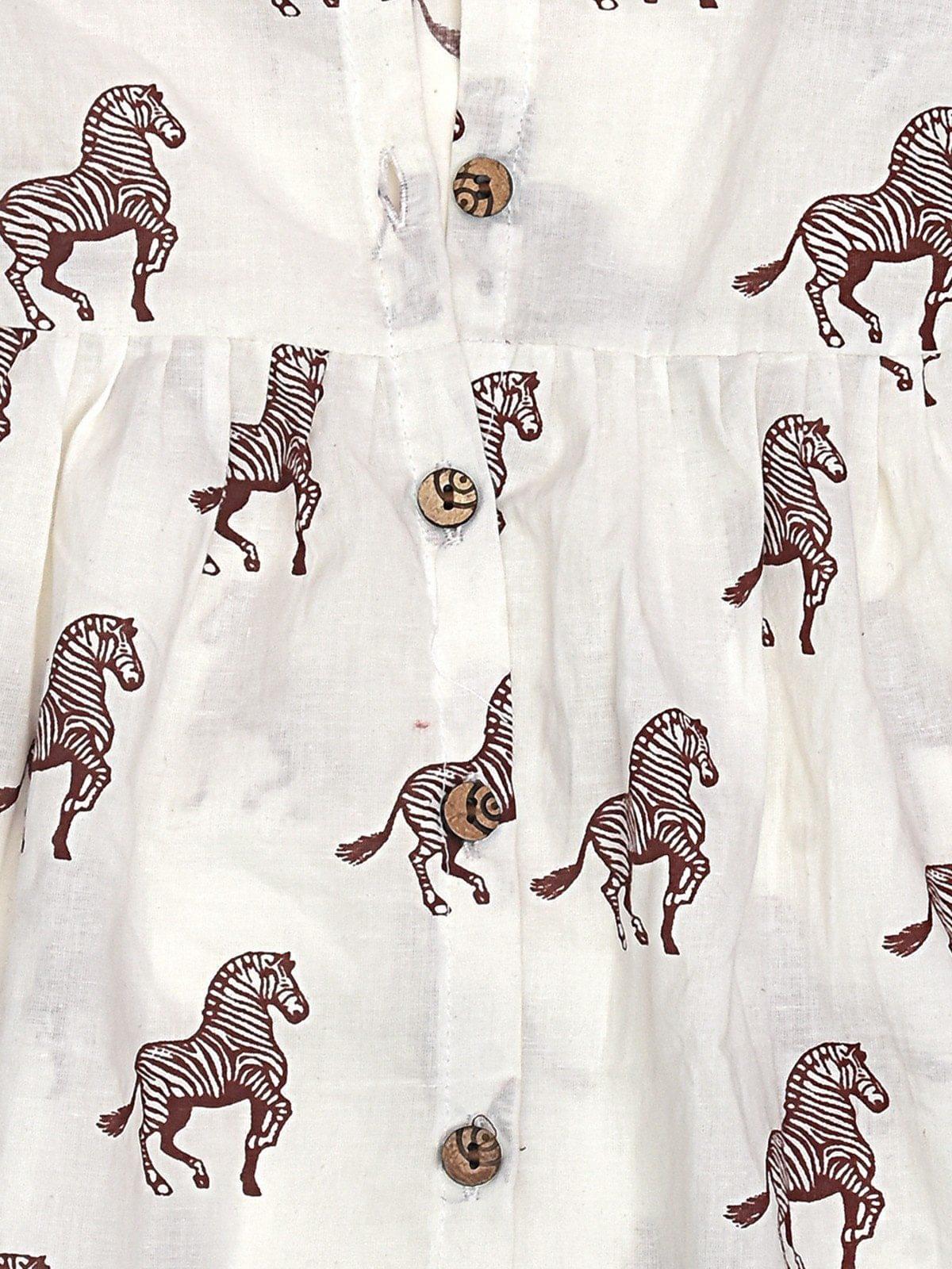 White Front Open Hand Block Zebra Design Cotton Frock - Image 4