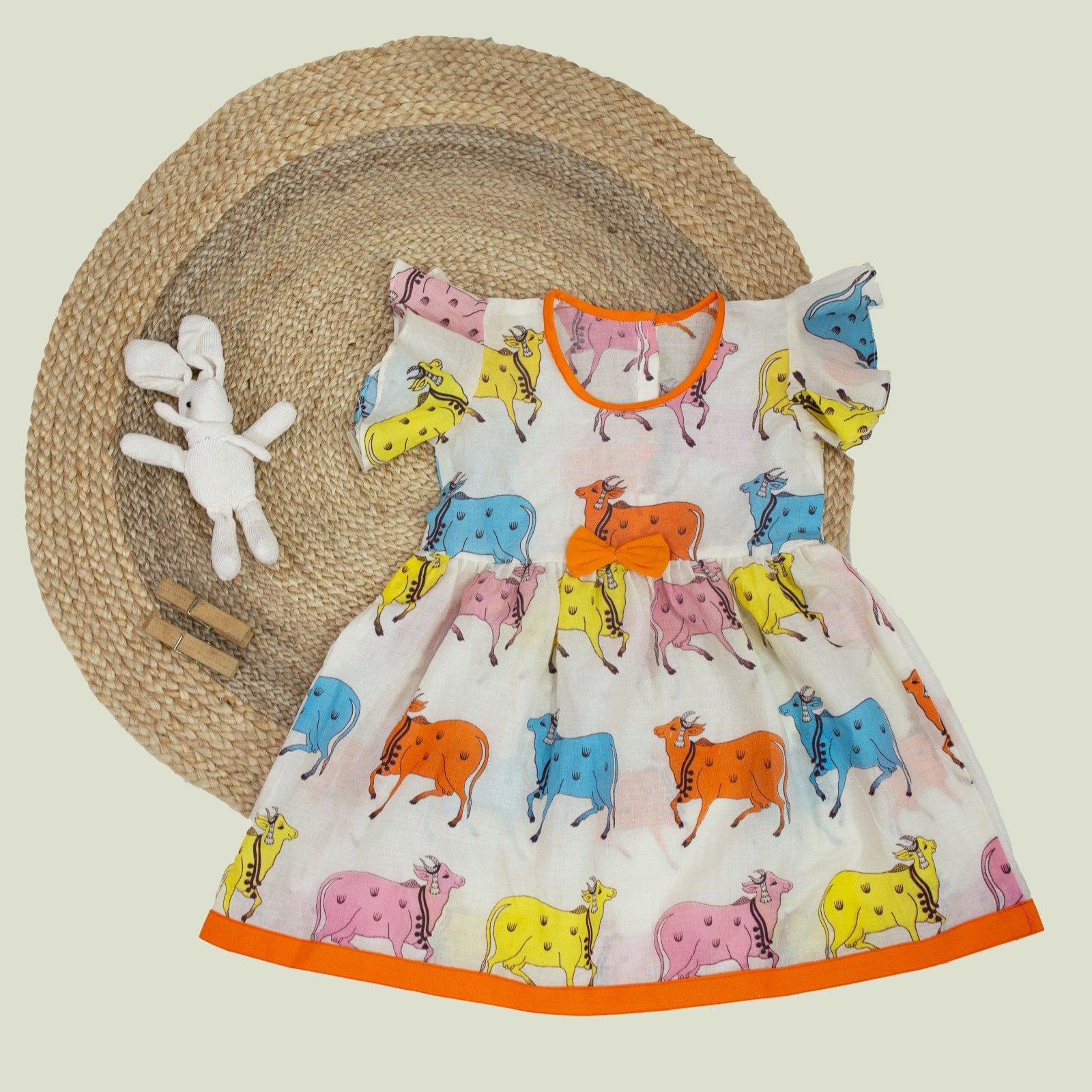 White Printed Cow Design Cotton Frock