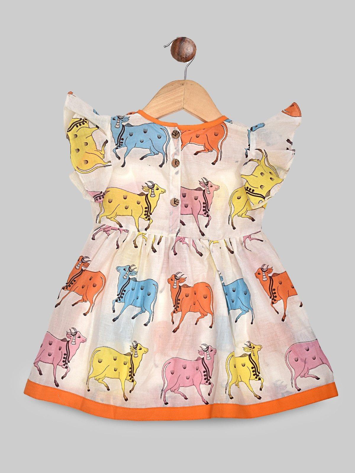 White Printed Cow Design Cotton Frock - Image 3