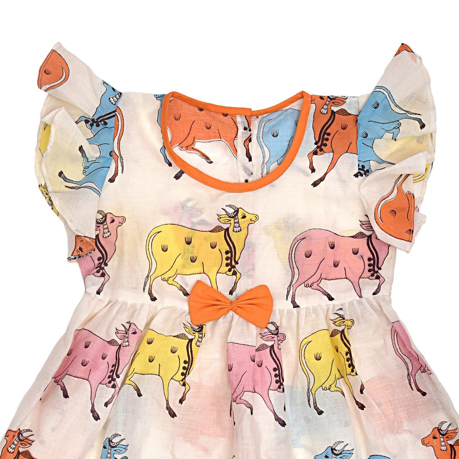 White Printed Cow Design Cotton Frock - Image 2