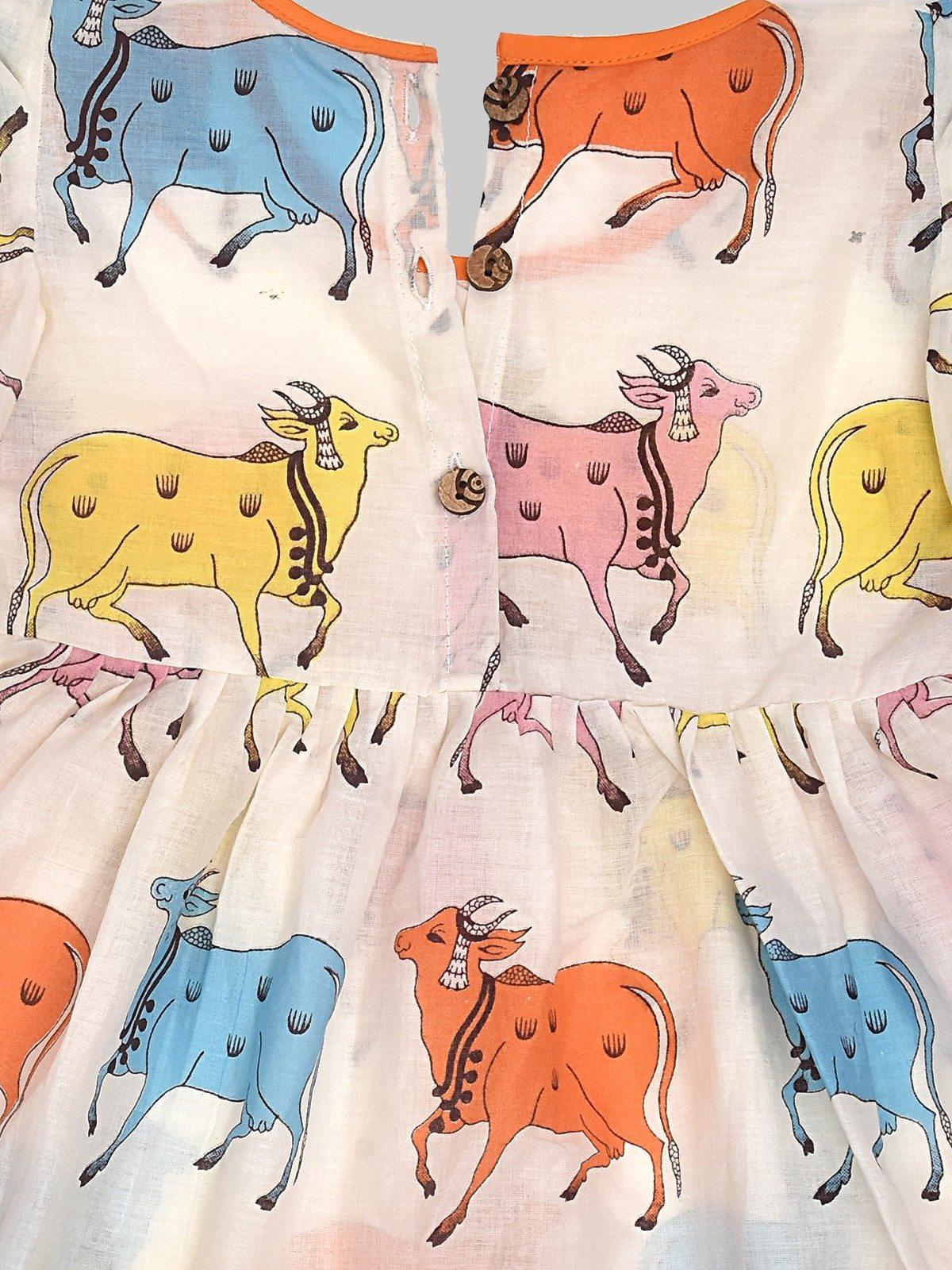 White Printed Cow Design Cotton Frock - Image 4